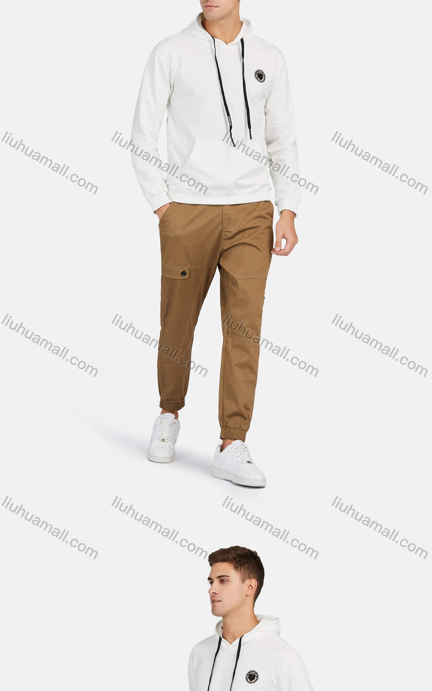 Wholesale Men's Casual Long Sleeve Patch Label Drawstring Hooded Sweatshirt - Liuhuamall