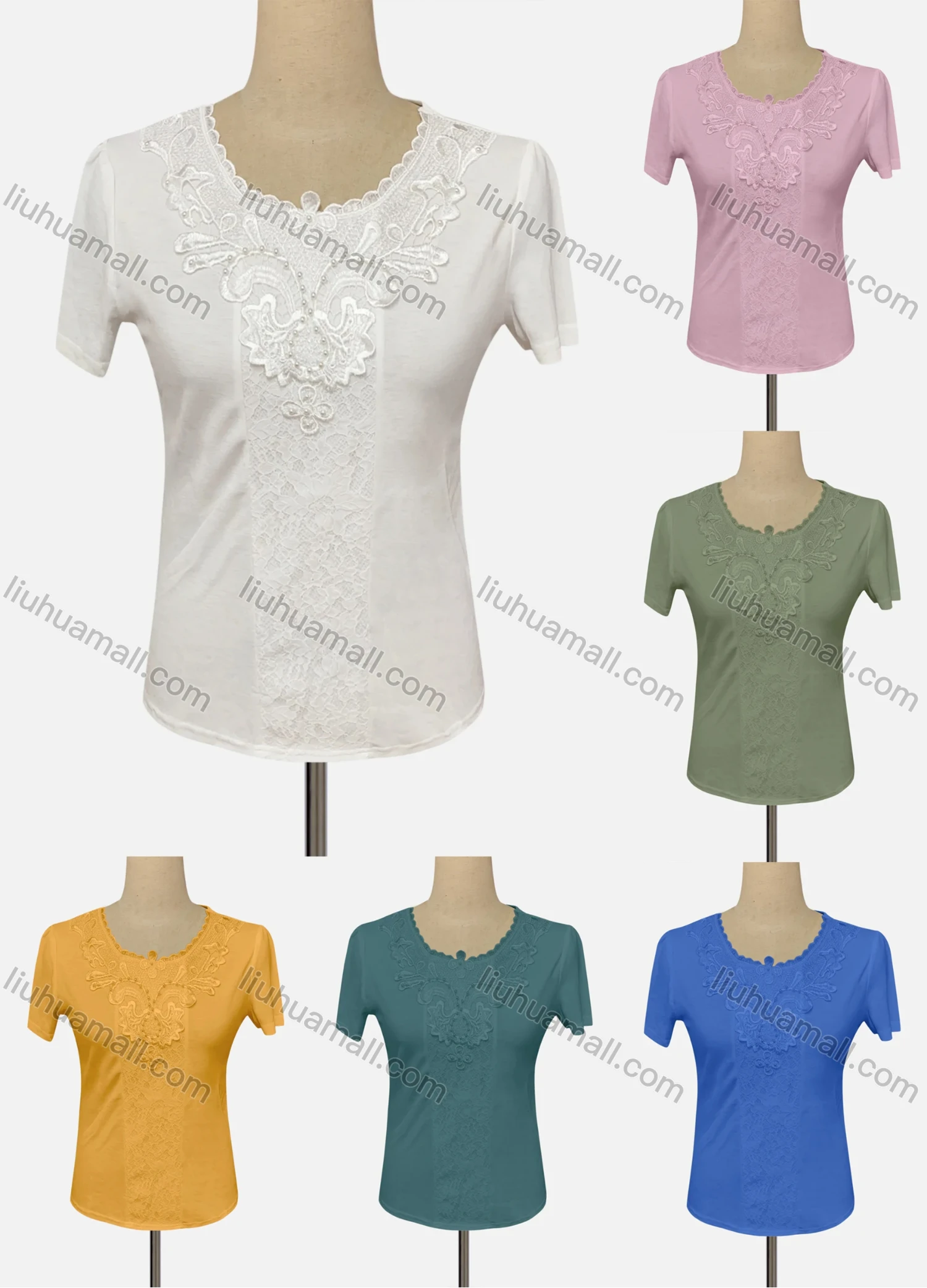 Wholesale Women's Casual Crew Neck Short Sleeve Embroidered Lace Blouse - Liuhuamall