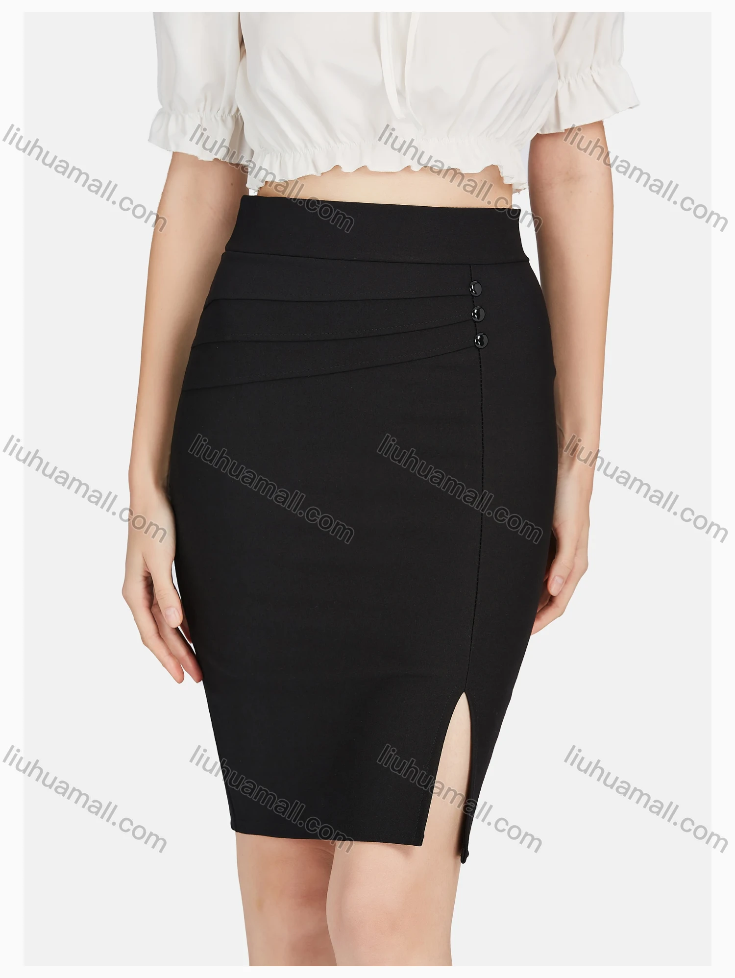 Wholesale Women's Causal Plain Ring Decor Split Knee Length Bodycon Skirt - Liuhuamall
