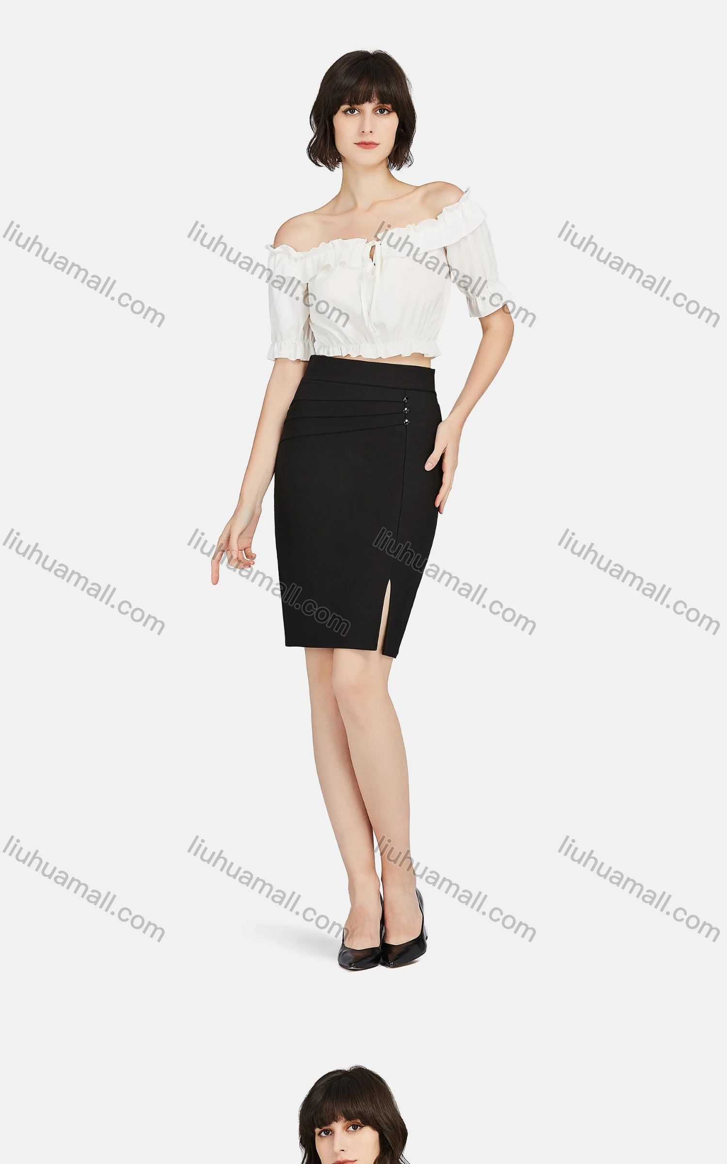 Wholesale Women's Causal Plain Ring Decor Split Knee Length Bodycon Skirt - Liuhuamall