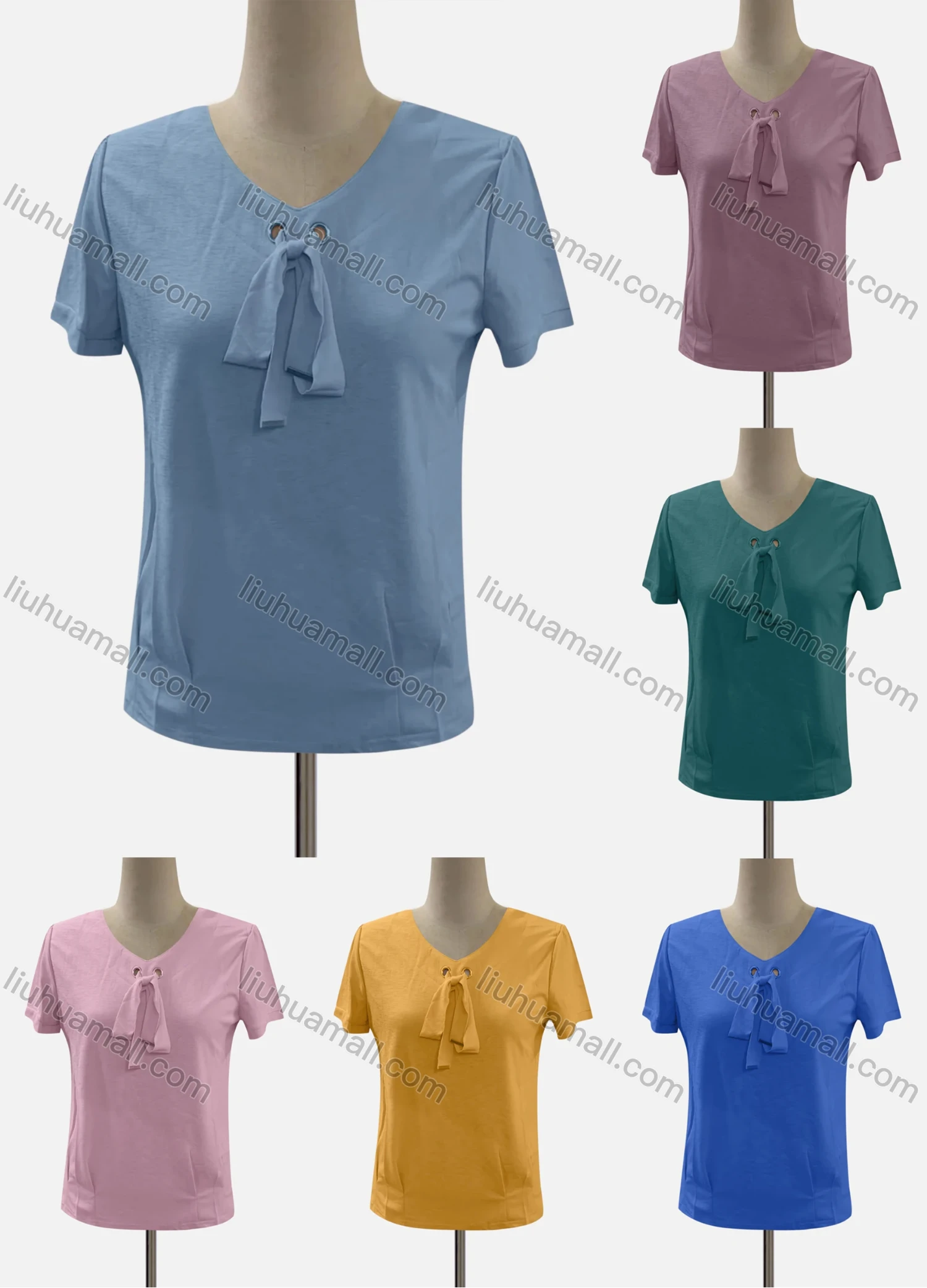 Wholesale Women's Casual V Neck Short Sleeve Lace Up Blouse - Liuhuamall