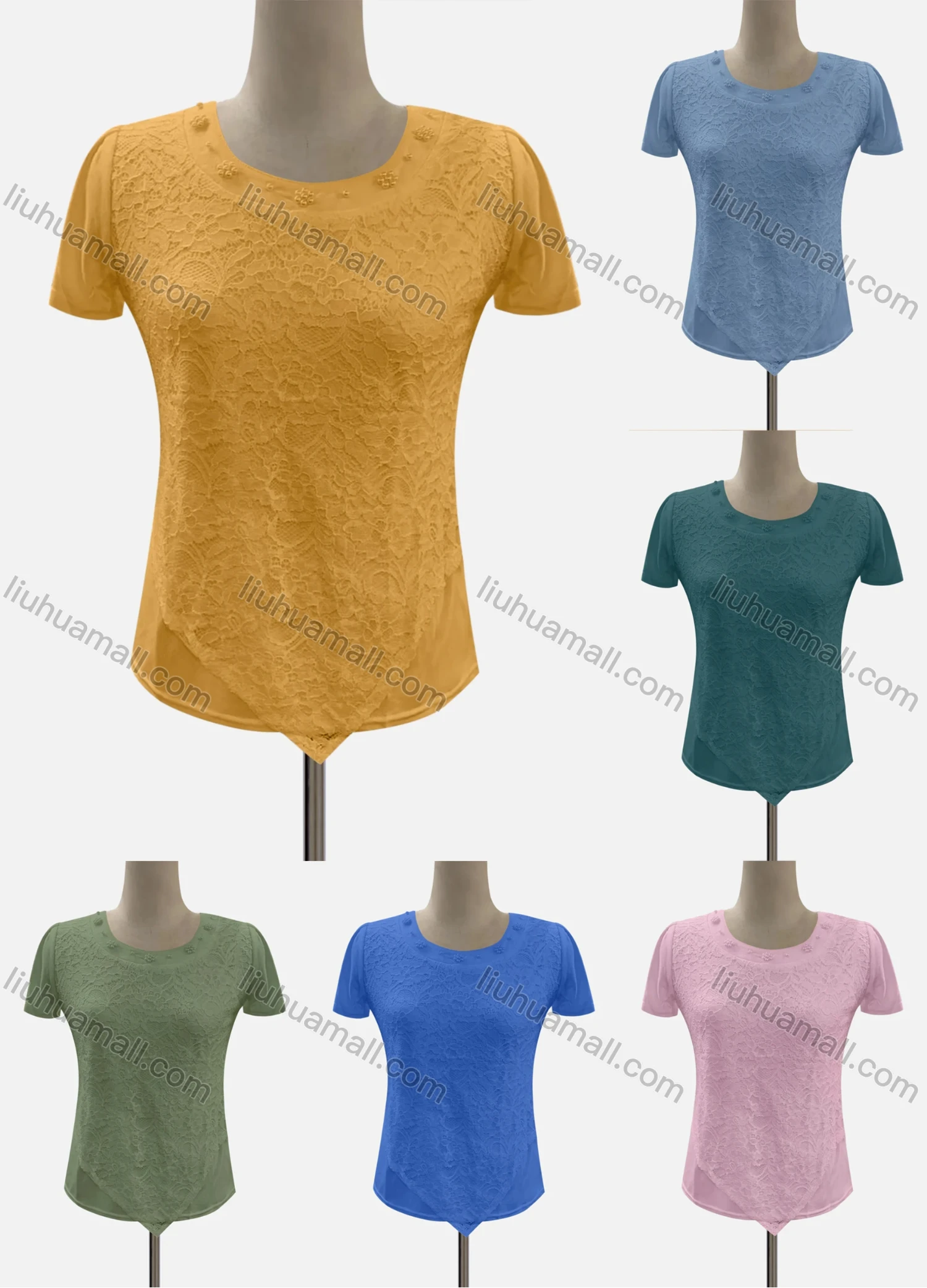 Wholesale Women's Casual V Neck Short Sleeve Lace Beaded Blouse - Liuhuamall