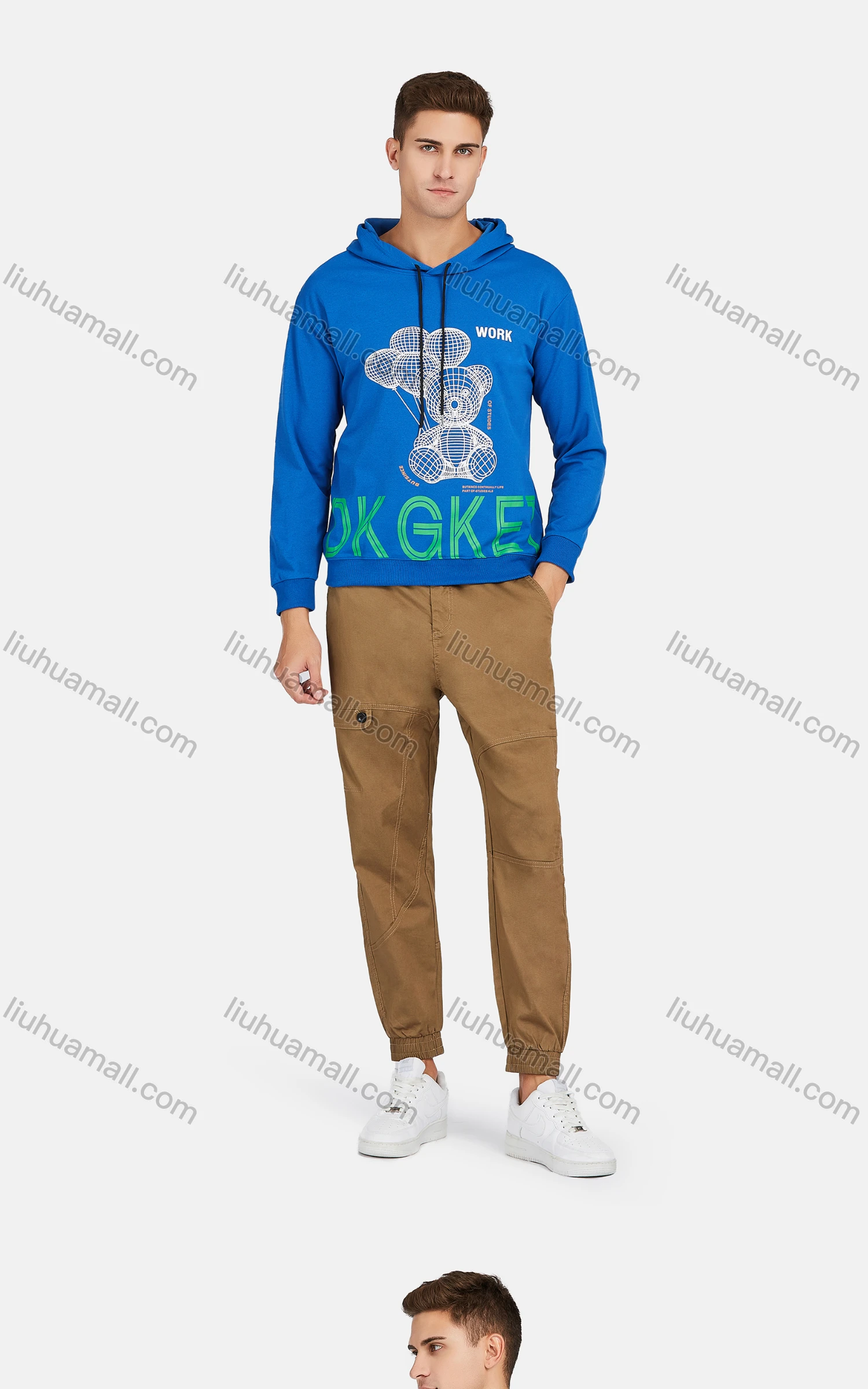 Wholesale Men's Casual Long Sleeve Letter Cartoon Print Drawstring Hooded Sweatshirts - Liuhuamall