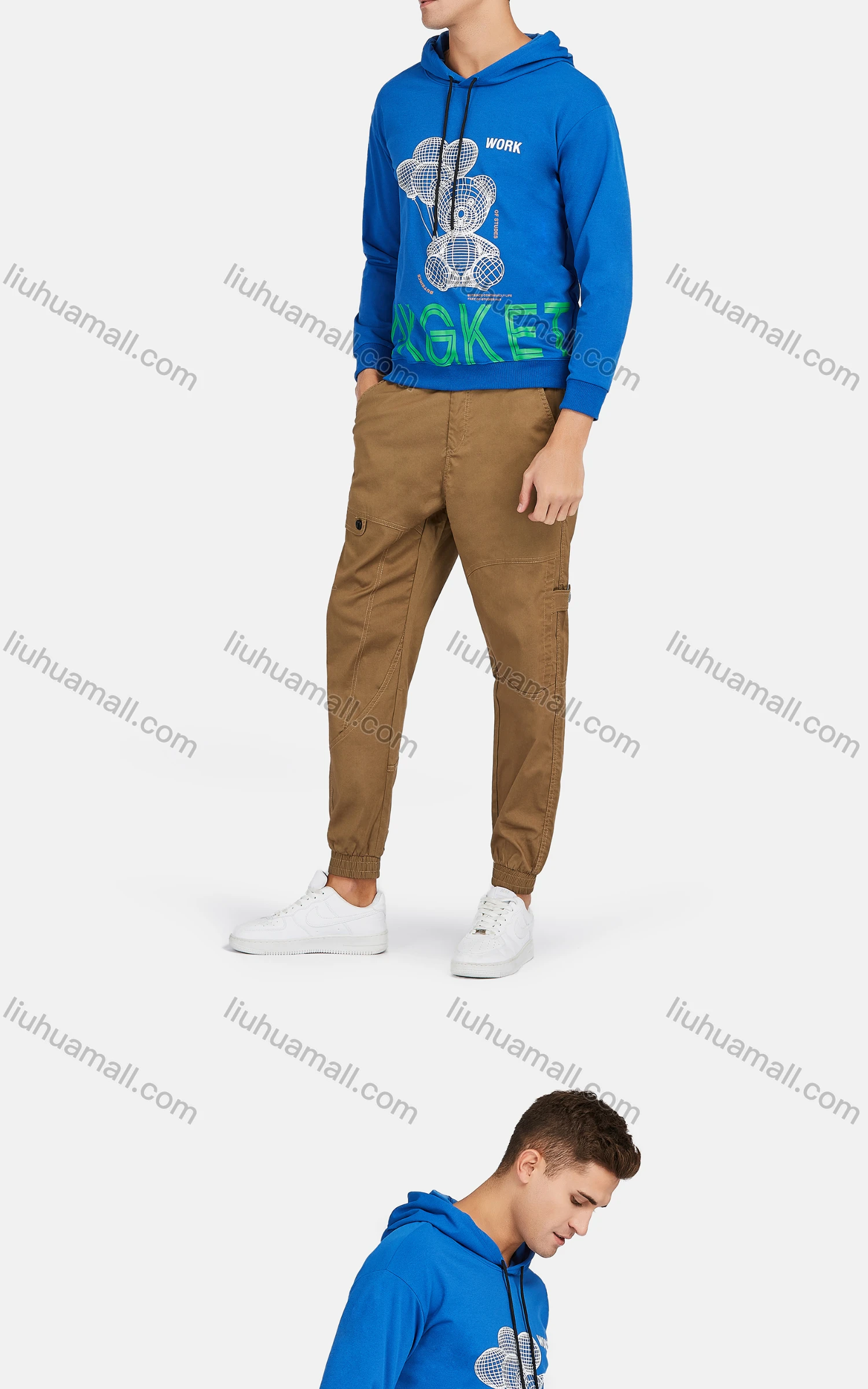 Wholesale Men's Casual Long Sleeve Letter Cartoon Print Drawstring Hooded Sweatshirts - Liuhuamall