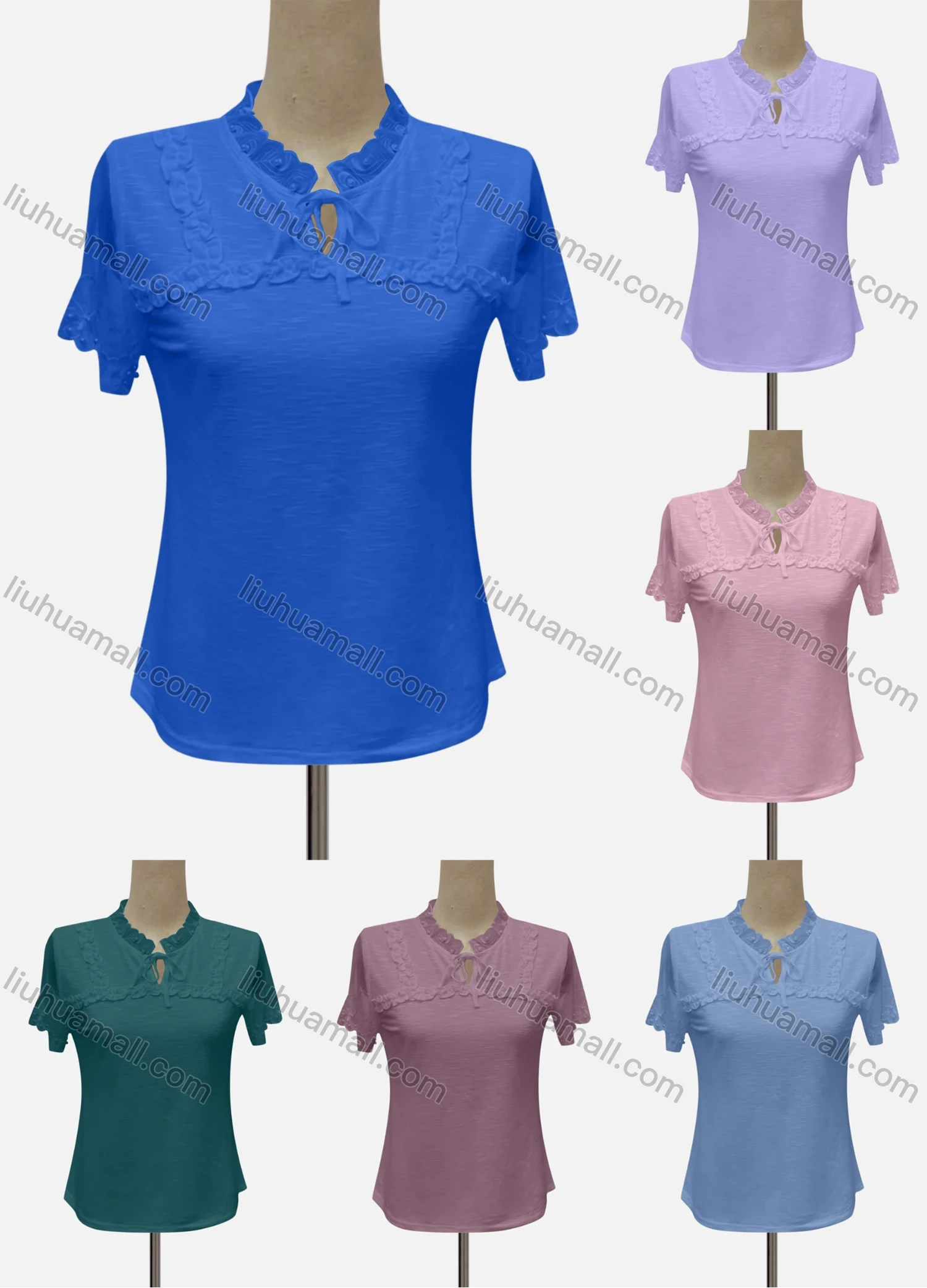 Wholesale Women's Casual Keyhole Neck Short Sleeve Lace Up Blouse - Liuhuamall