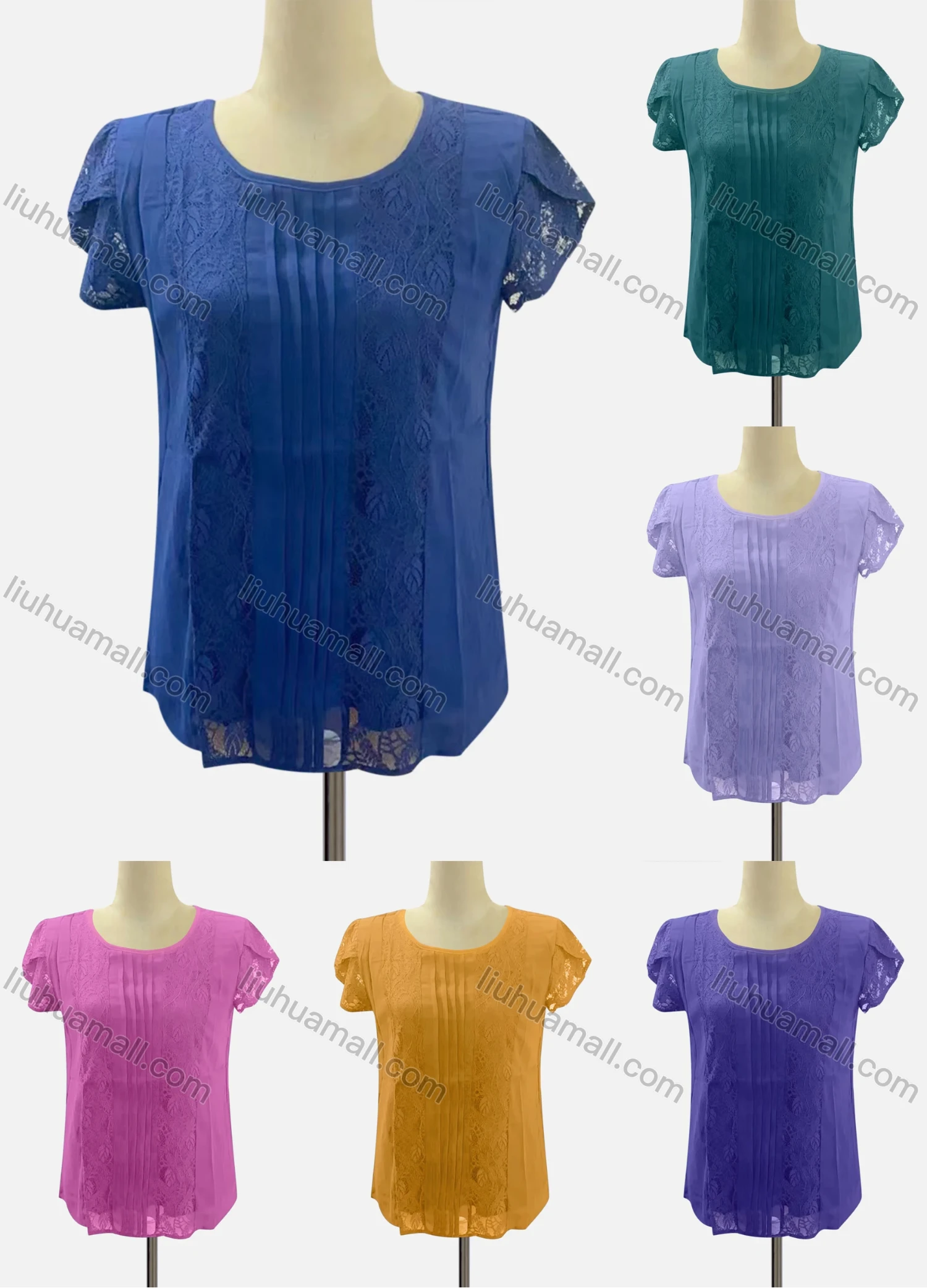 Wholesale Women's Casual Crew Neck Short Sleeve Lace Ruched Blouse - Liuhuamall