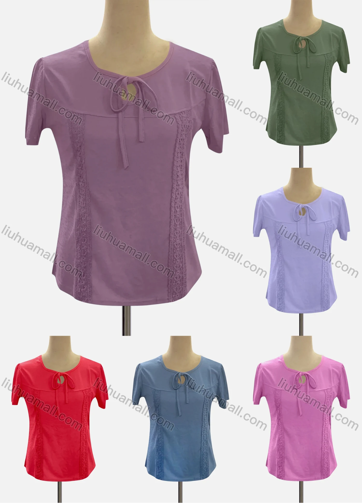 Wholesale Women's Casual Keyhole Neck Short Sleeve Lace Up Appliques Blouse - Liuhuamall