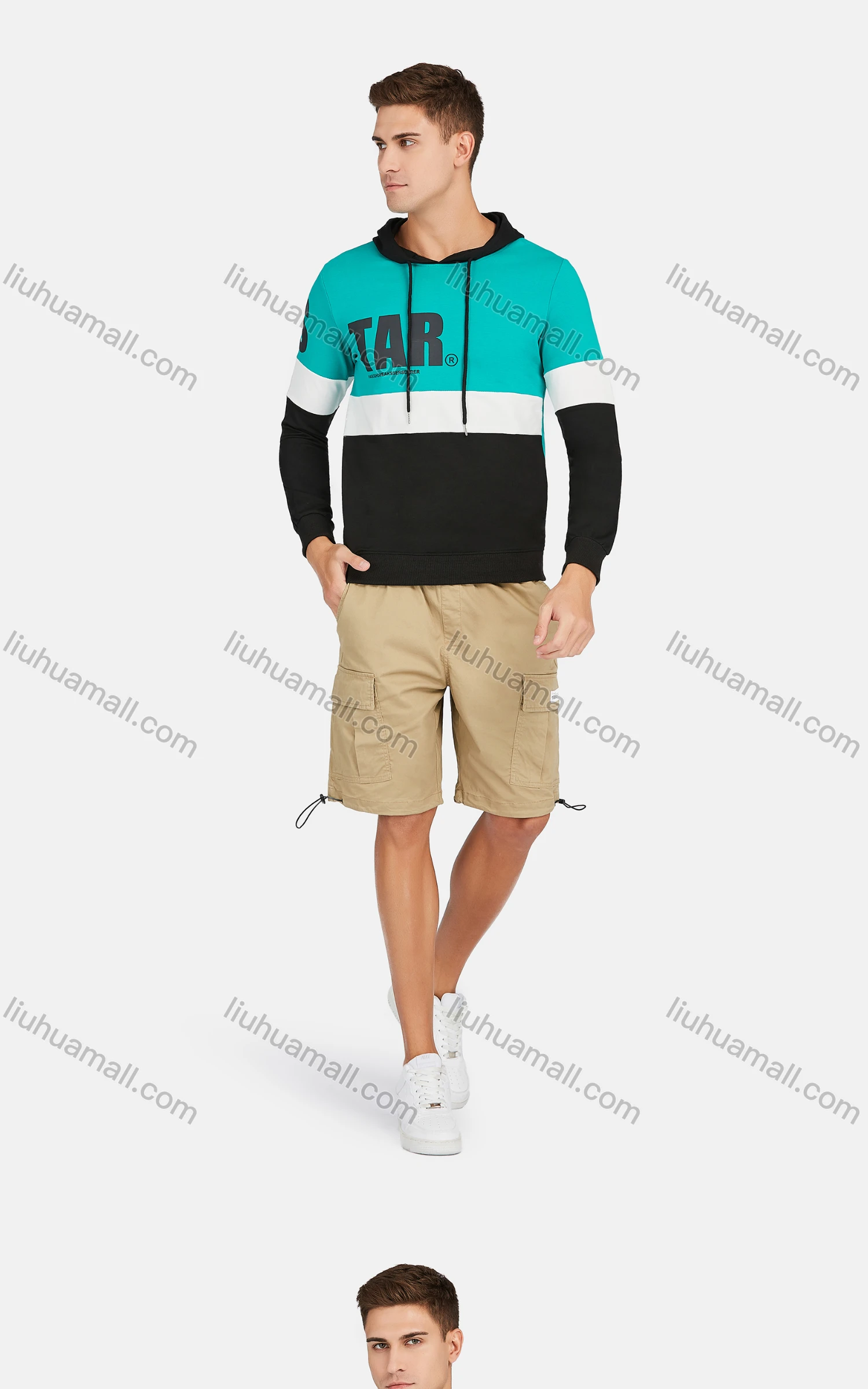 Wholesale Men's Casual Long Sleeve Colorblock Letter Print Drawstring Hooded Sweatshirts - Liuhuamall