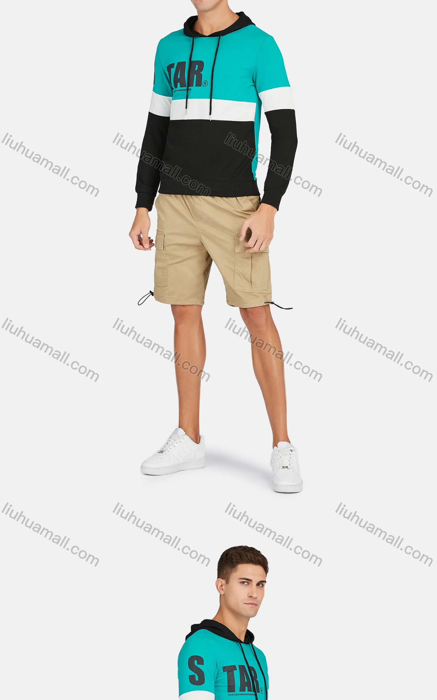 Wholesale Men's Casual Long Sleeve Colorblock Letter Print Drawstring Hooded Sweatshirts - Liuhuamall