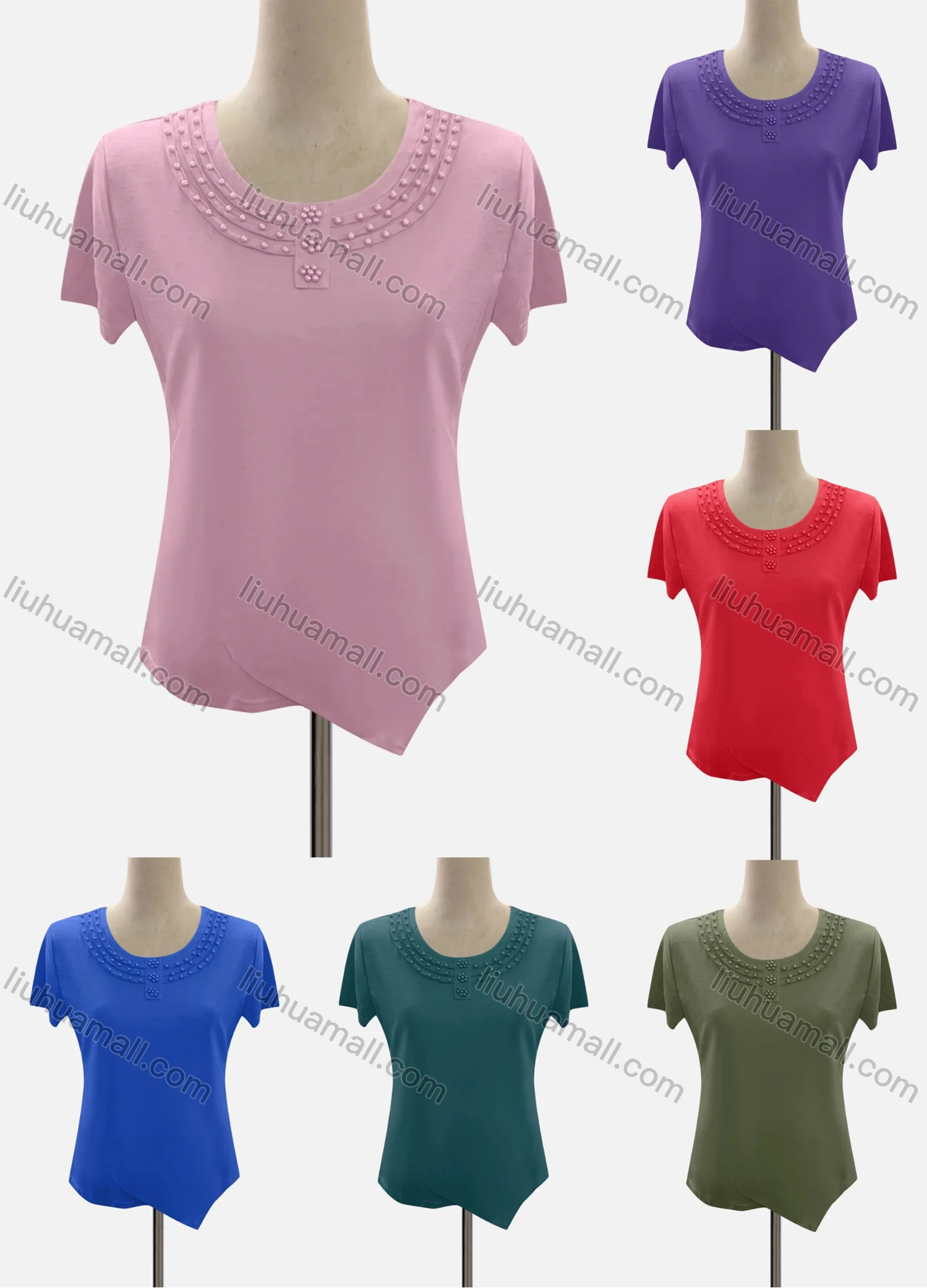 Wholesale Women's Casual Crew Neck Short Sleeve Beaded Blouse - Liuhuamall