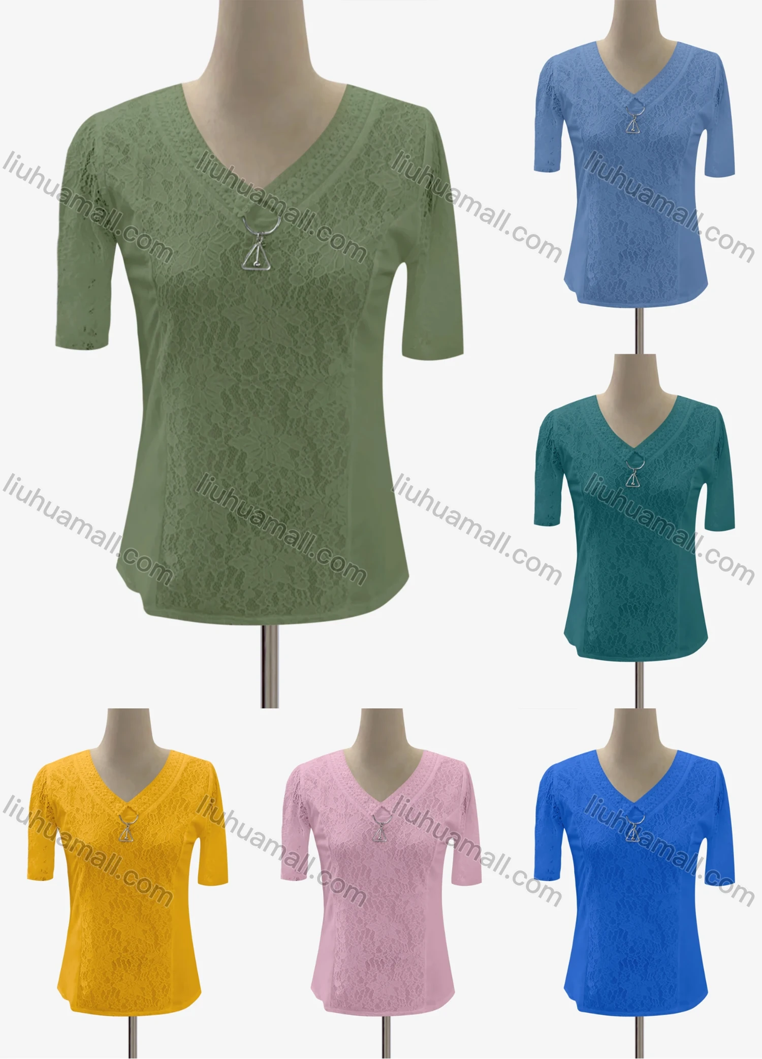 Wholesale Women's Casual V Neck Short Sleeve Lace Decro Blouse - Liuhuamall
