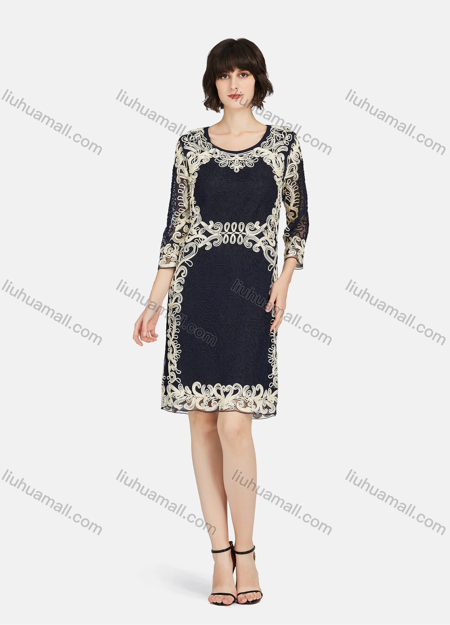 Wholesale Women's Crew Neck Causal 3/4 Sleeve Embroidery Lace Dress - Liuhuamall