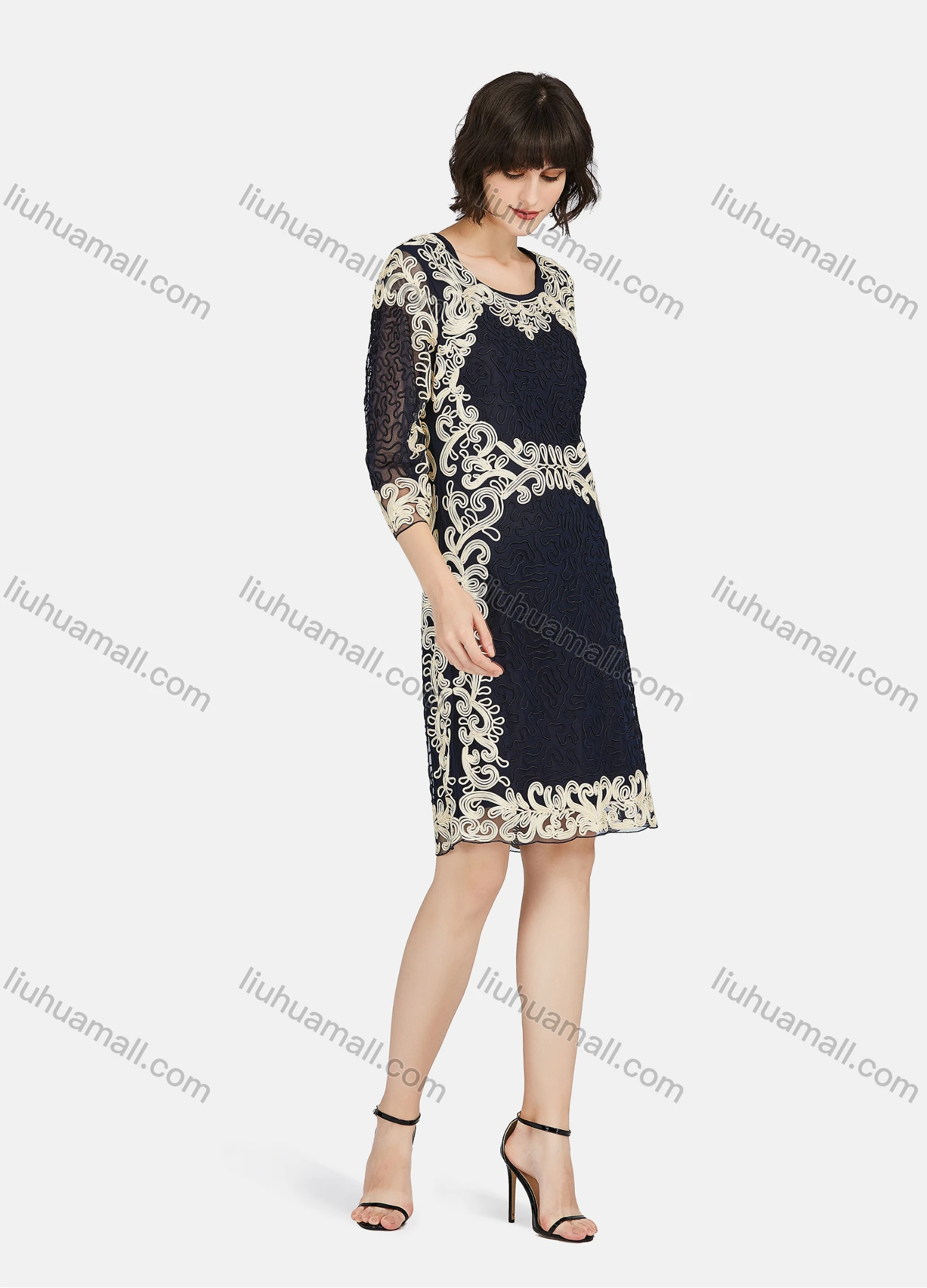 Wholesale Women's Crew Neck Causal 3/4 Sleeve Embroidery Lace Dress - Liuhuamall