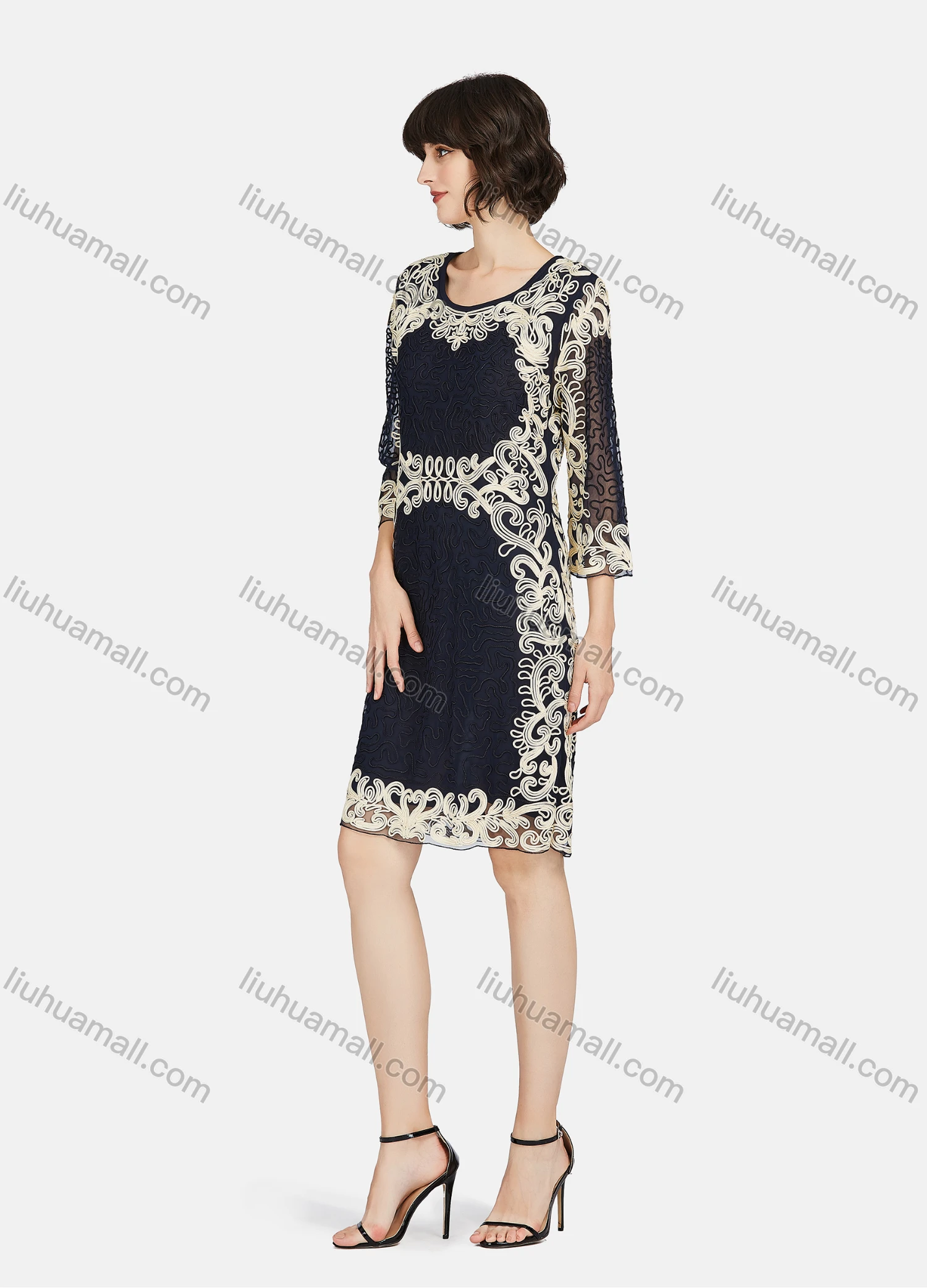 Wholesale Women's Crew Neck Causal 3/4 Sleeve Embroidery Lace Dress - Liuhuamall