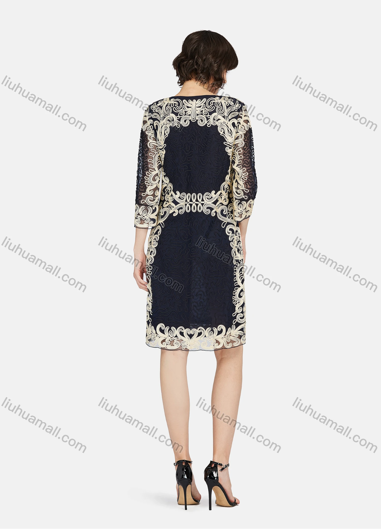Wholesale Women's Crew Neck Causal 3/4 Sleeve Embroidery Lace Dress - Liuhuamall