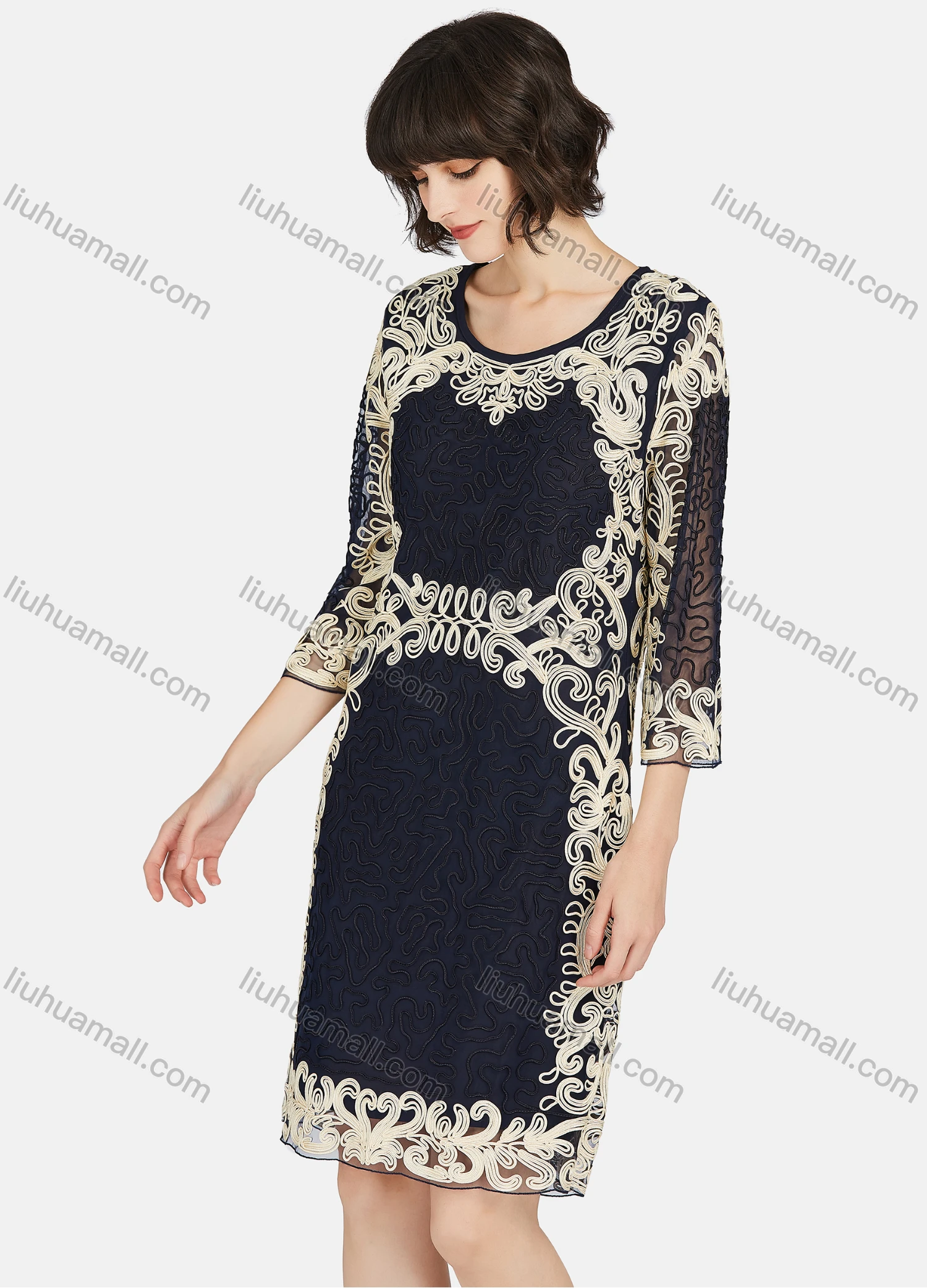 Wholesale Women's Crew Neck Causal 3/4 Sleeve Embroidery Lace Dress - Liuhuamall