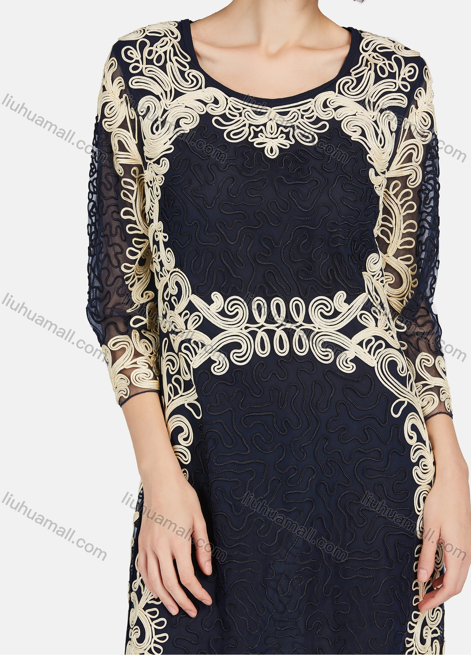 Wholesale Women's Crew Neck Causal 3/4 Sleeve Embroidery Lace Dress - Liuhuamall