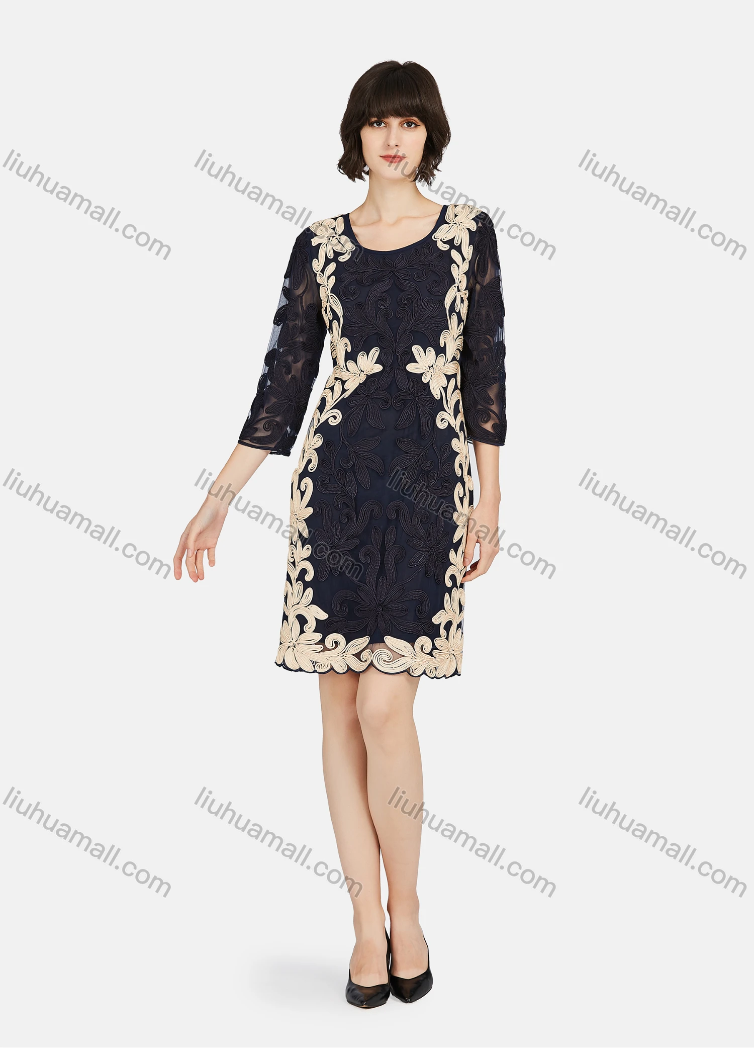 Wholesale Women's Elegant 3/4 Sleeve Embroidery Lace Short Dress - Liuhuamall