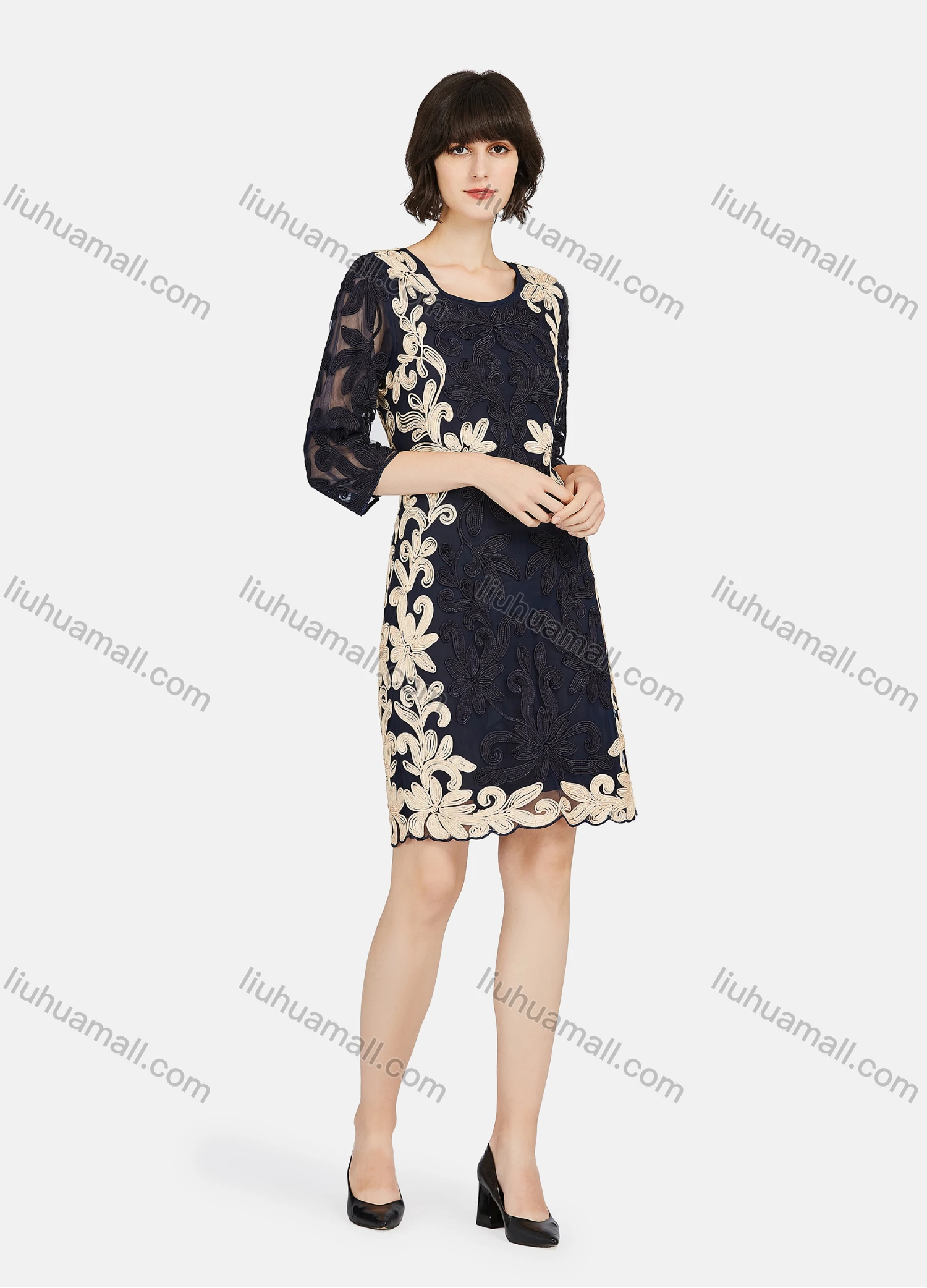 Wholesale Women's Elegant 3/4 Sleeve Embroidery Lace Short Dress - Liuhuamall