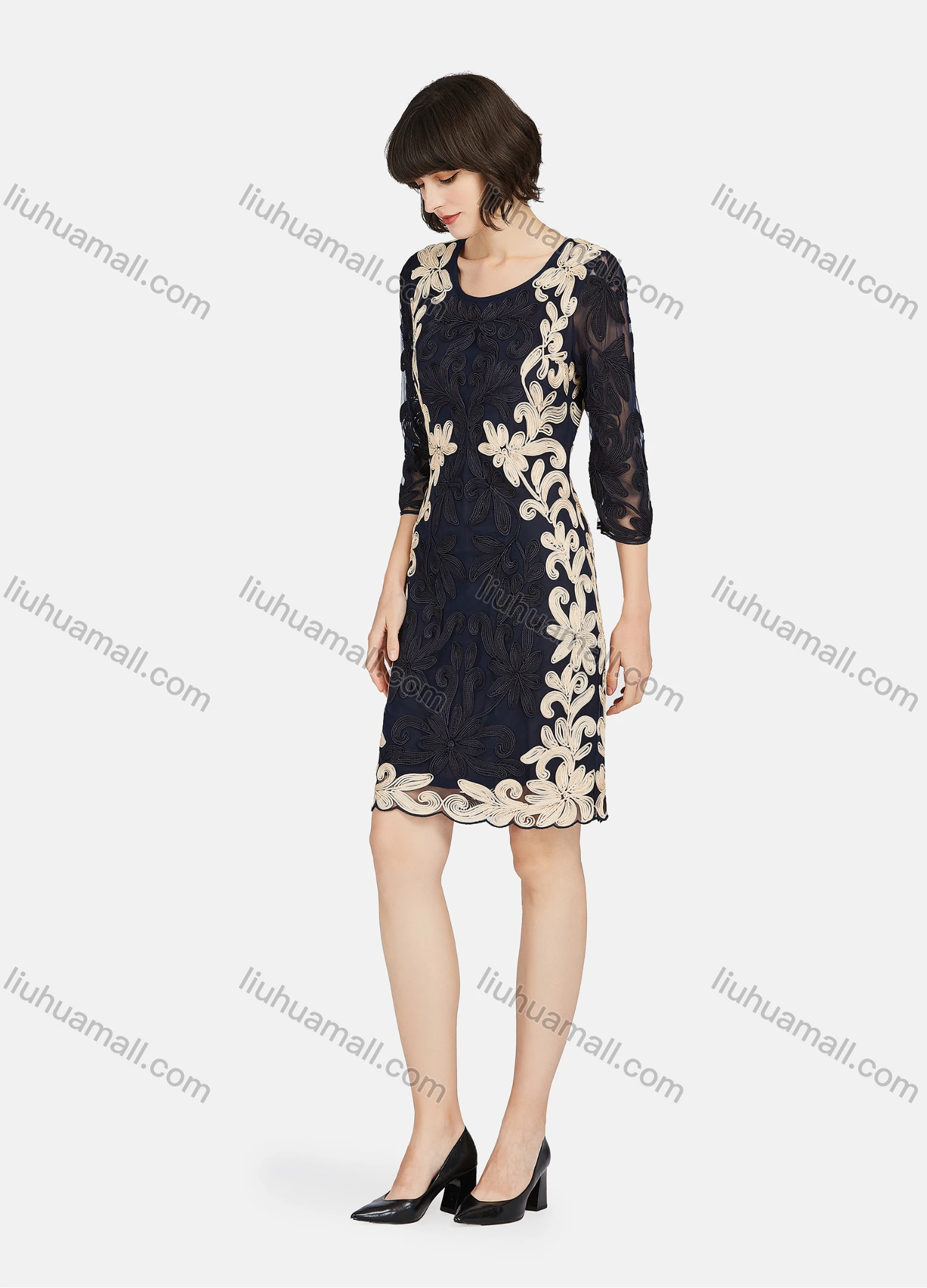 Wholesale Women's Elegant 3/4 Sleeve Embroidery Lace Short Dress - Liuhuamall