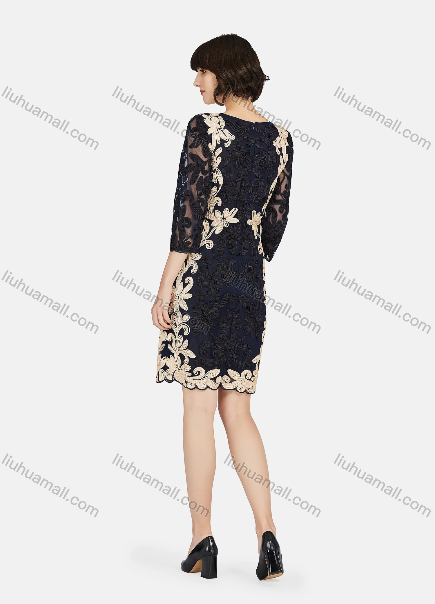 Wholesale Women's Elegant 3/4 Sleeve Embroidery Lace Short Dress - Liuhuamall