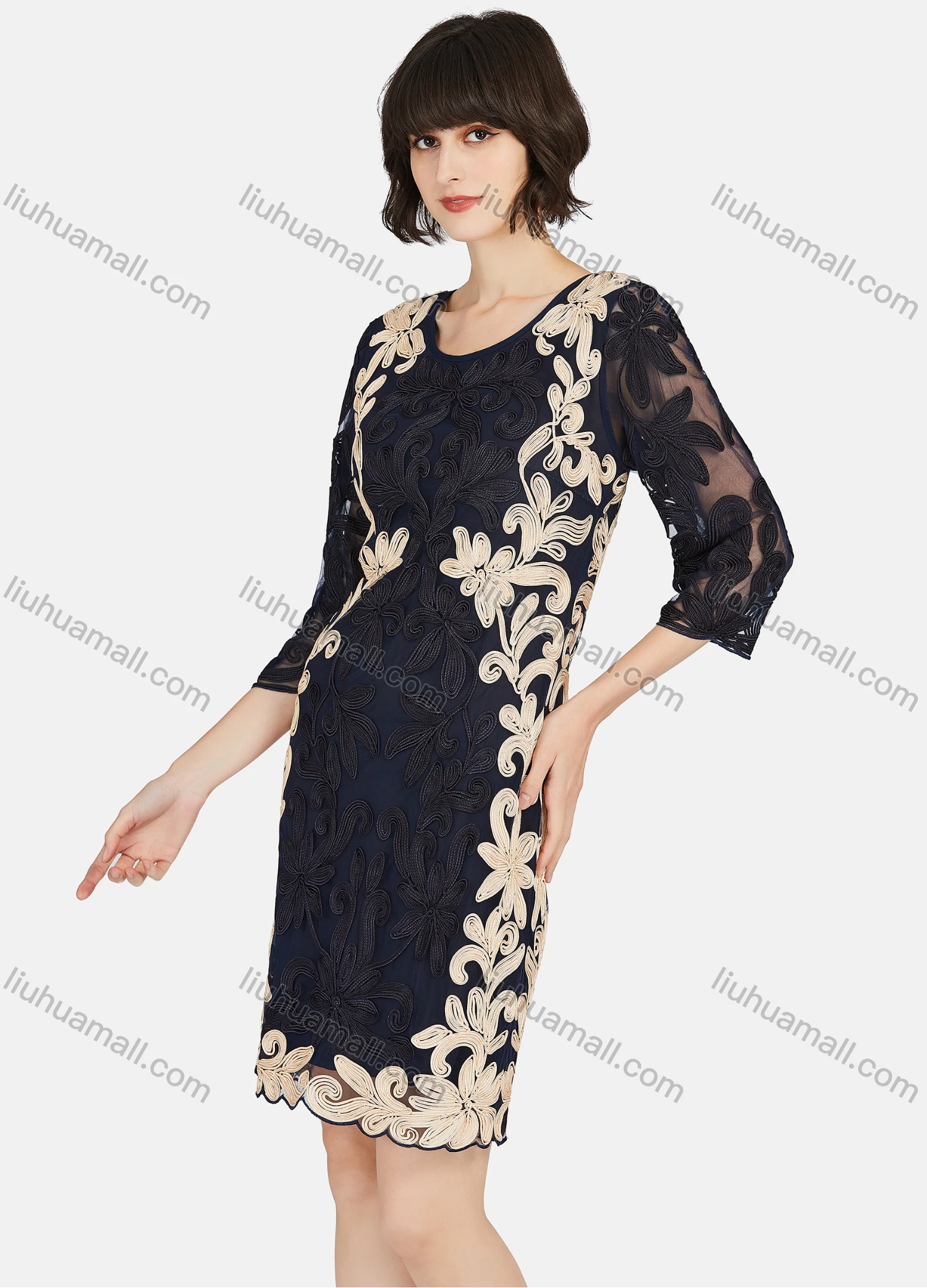 Wholesale Women's Elegant 3/4 Sleeve Embroidery Lace Short Dress - Liuhuamall