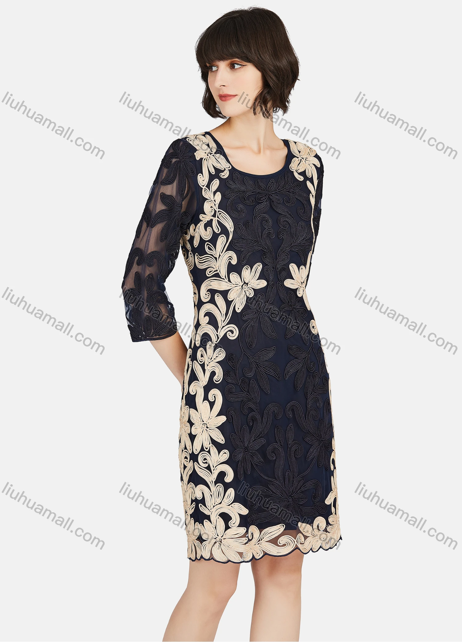 Wholesale Women's Elegant 3/4 Sleeve Embroidery Lace Short Dress - Liuhuamall
