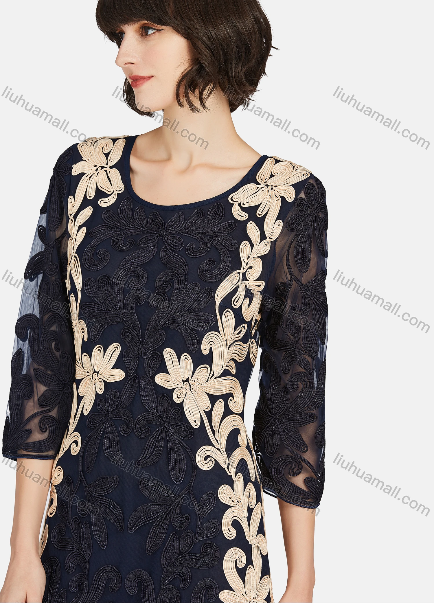 Wholesale Women's Elegant 3/4 Sleeve Embroidery Lace Short Dress - Liuhuamall