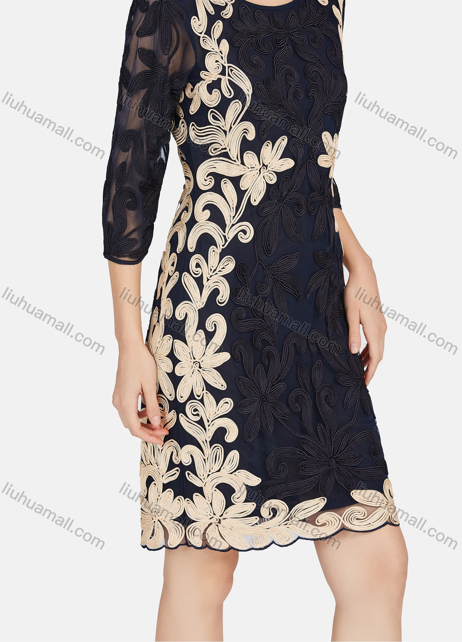 Wholesale Women's Elegant 3/4 Sleeve Embroidery Lace Short Dress - Liuhuamall