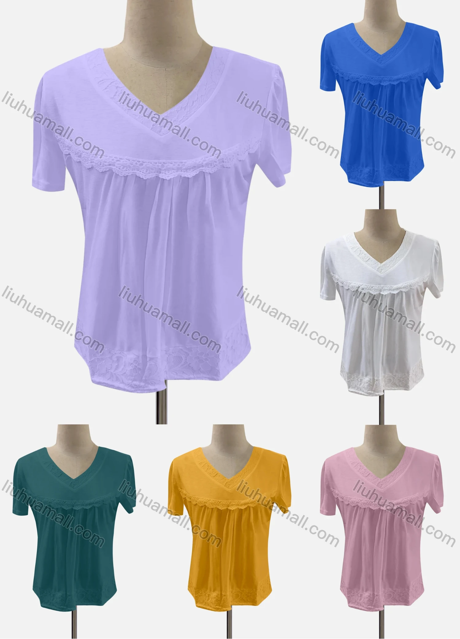 Wholesale Women's Casual V Neck Short Sleeve Lace Appliques Blouse - Liuhuamall