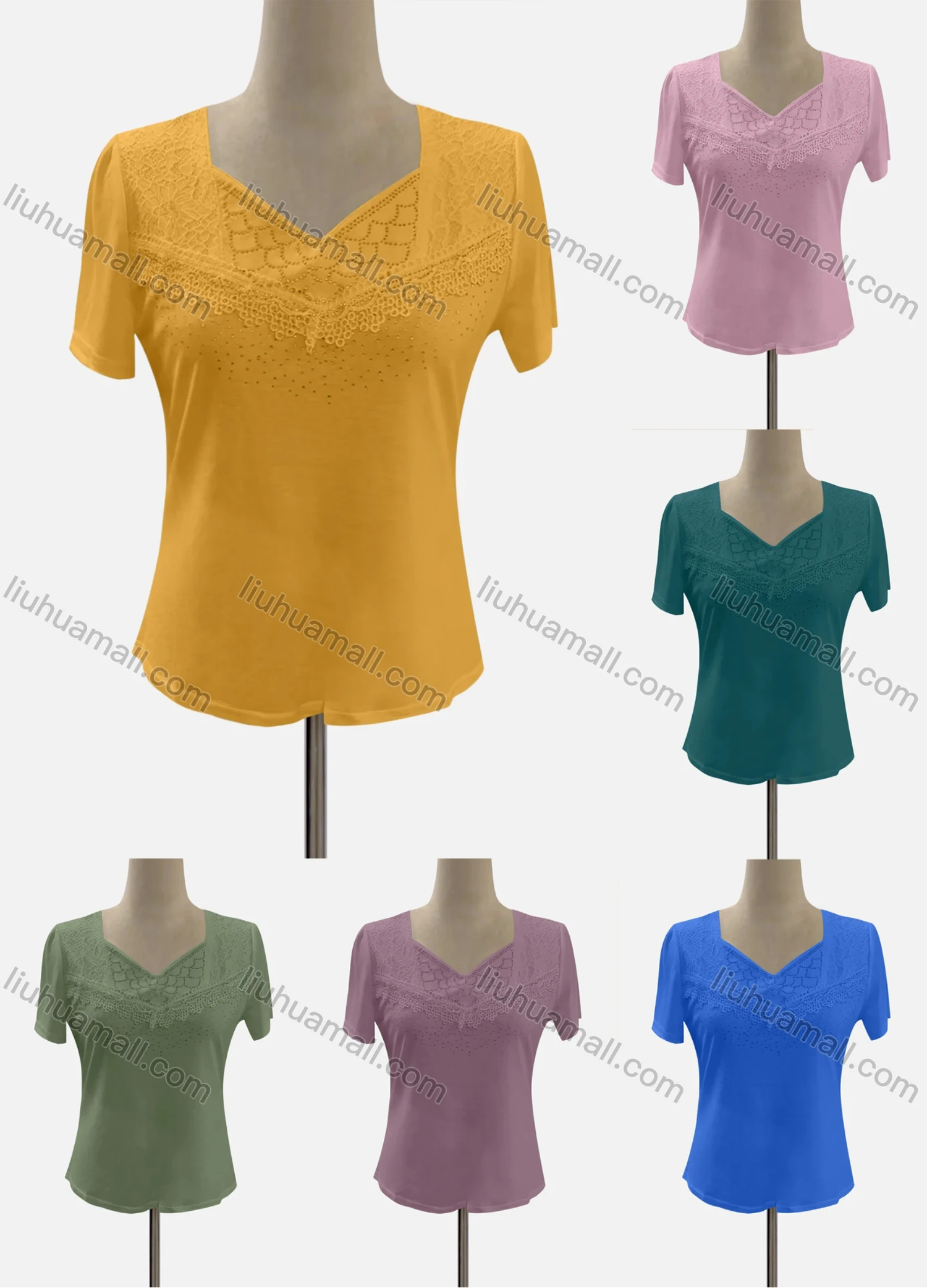 Wholesale Women's Casual V Neck Short Sleeve Lace Rhinestone Blouse - Liuhuamall