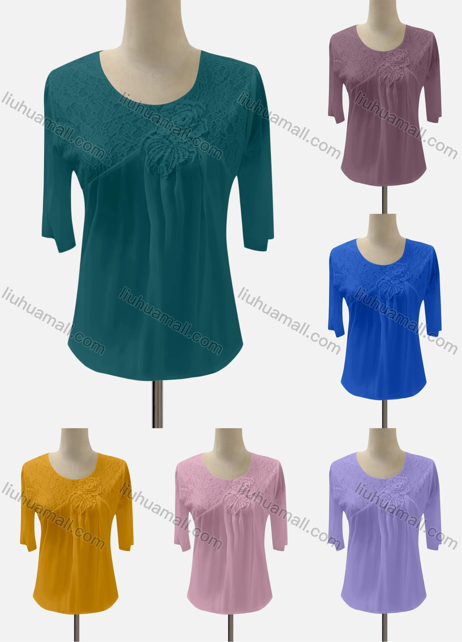 Wholesale Women's Casual Crew Neck Short Sleeve Lace Rhinestone Blouse - Liuhuamall