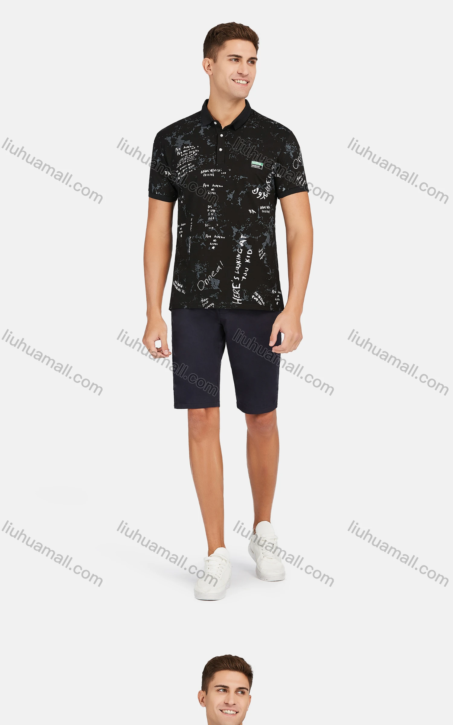 Wholesale Men's Casual Short Sleeve Letter Print Button Front Polo Shirts - Liuhuamall