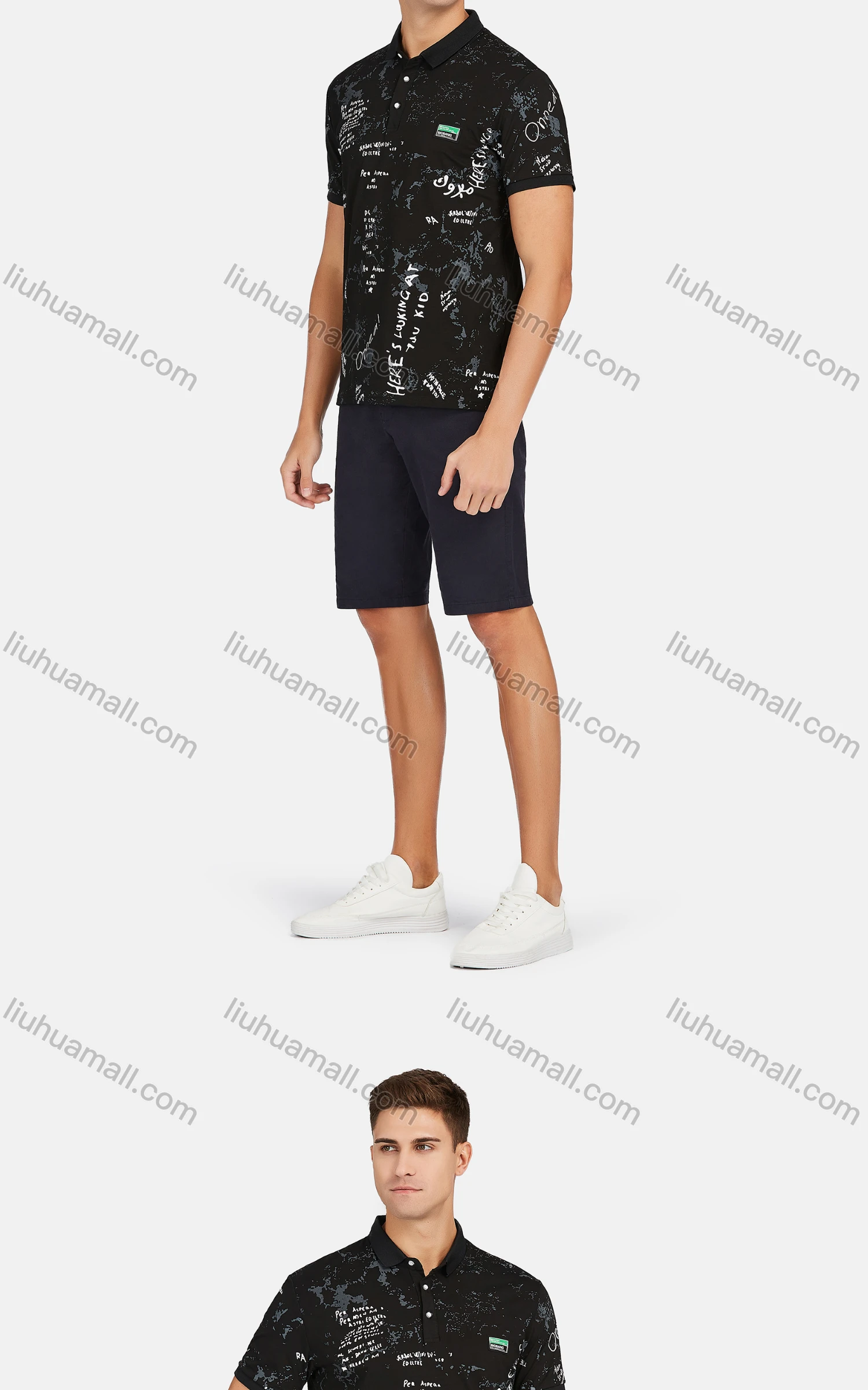 Wholesale Men's Casual Short Sleeve Letter Print Button Front Polo Shirts - Liuhuamall