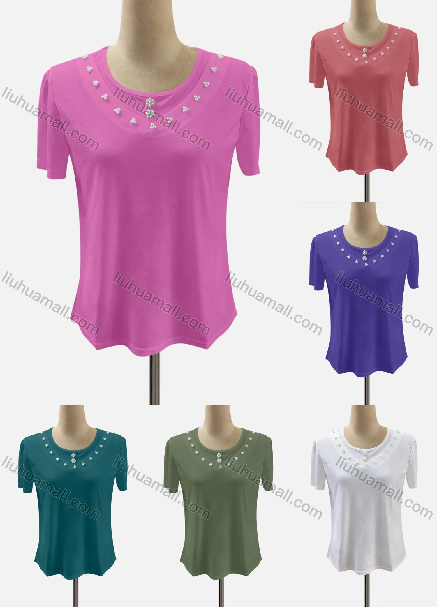 Wholesale Women's Casual Crew Neck Short Sleeve Beaded Blouse - Liuhuamall