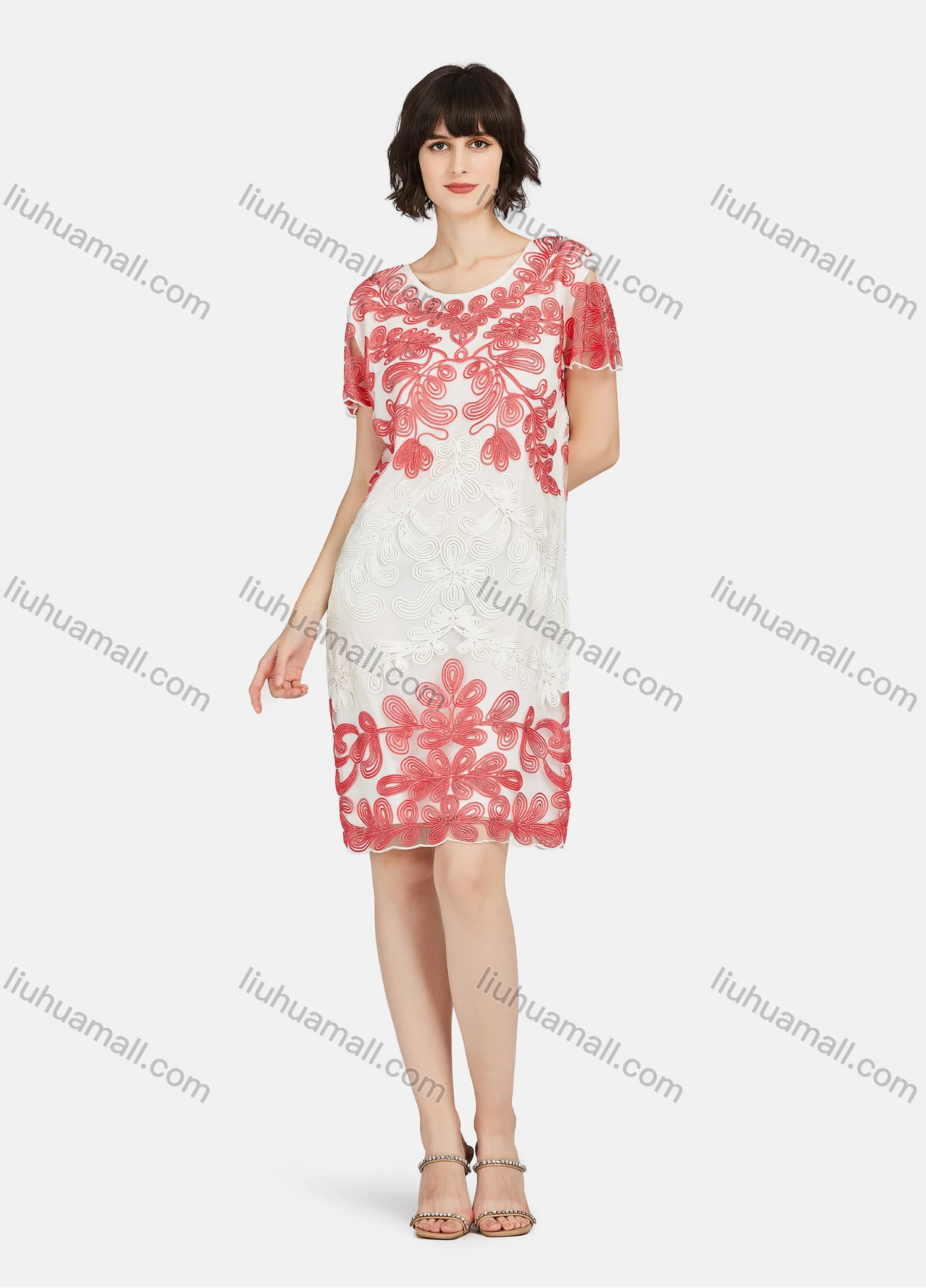 Wholesale Women's Elegant Short Sleeve Embroidered Lace Knee Length Dress - Liuhuamall