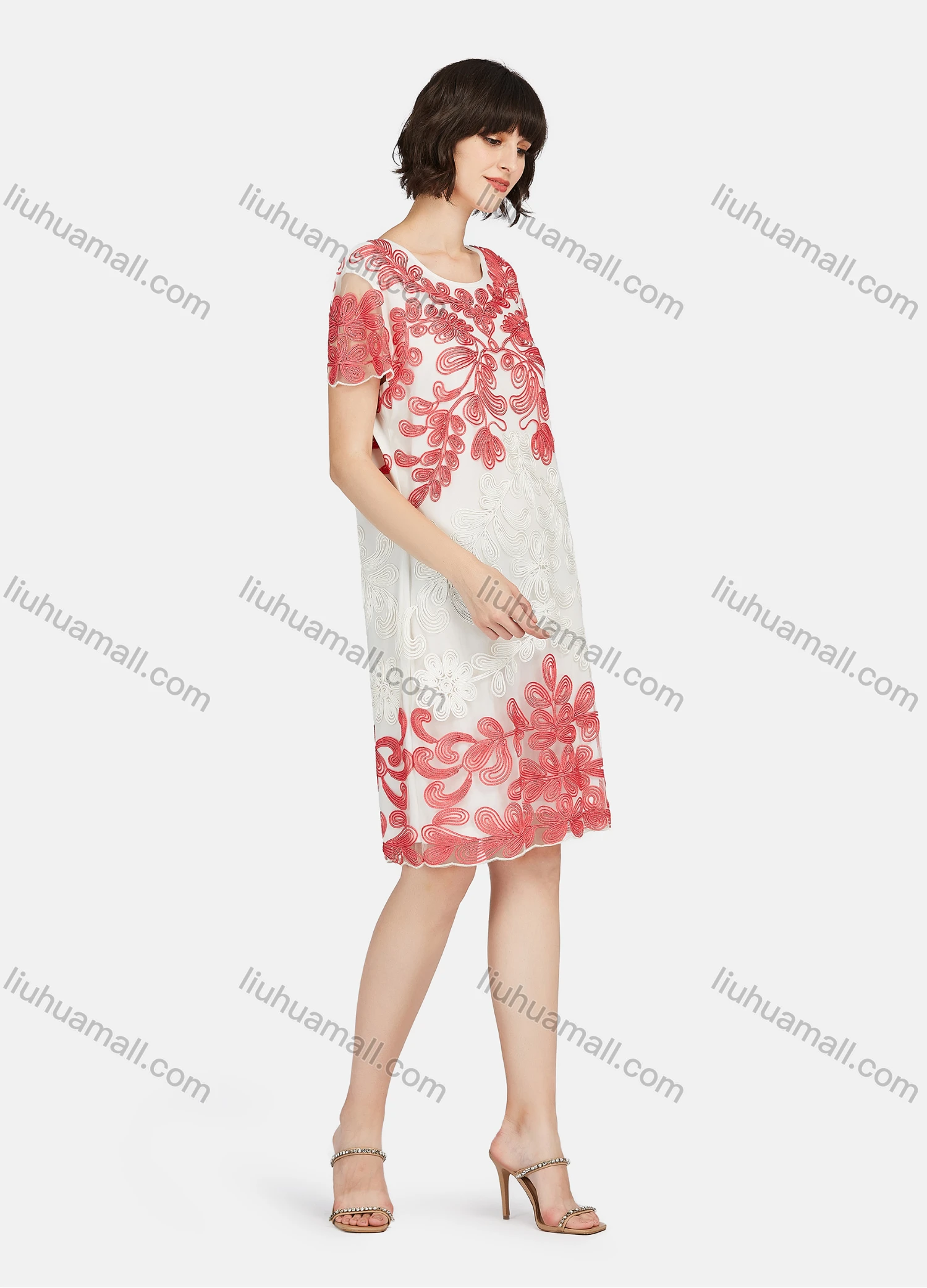 Wholesale Women's Elegant Short Sleeve Embroidered Lace Knee Length Dress - Liuhuamall