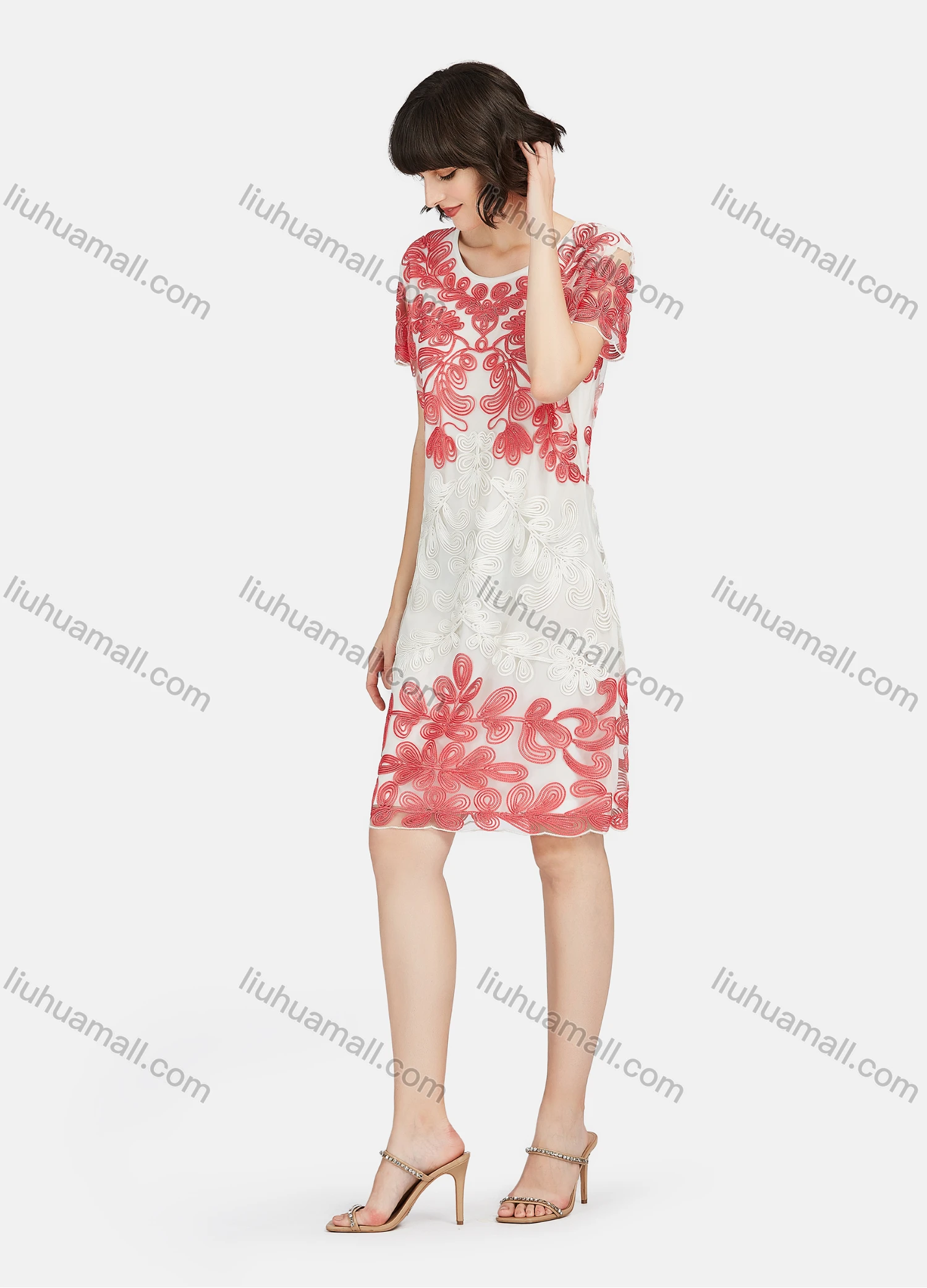 Wholesale Women's Elegant Short Sleeve Embroidered Lace Knee Length Dress - Liuhuamall