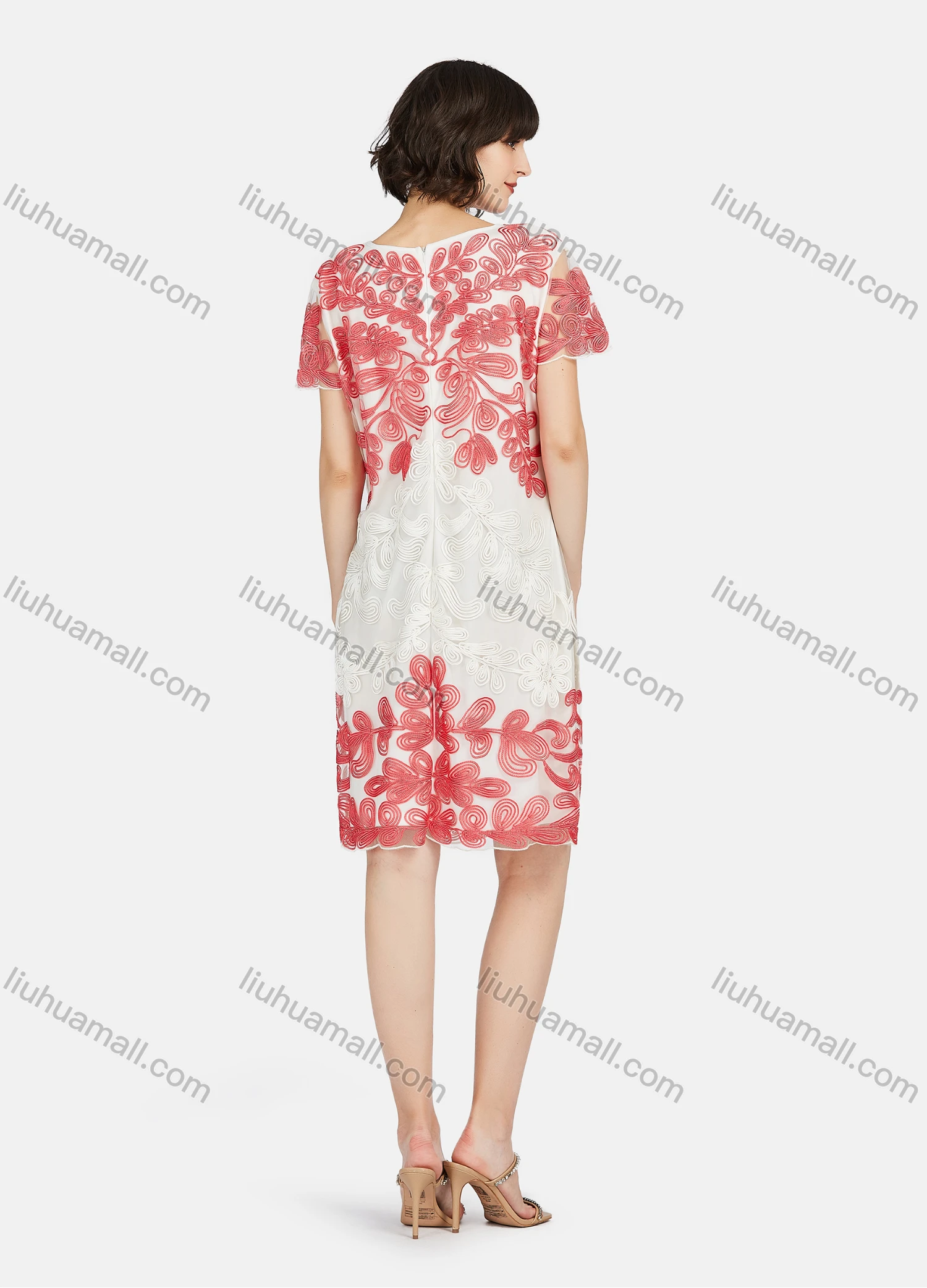 Wholesale Women's Elegant Short Sleeve Embroidered Lace Knee Length Dress - Liuhuamall