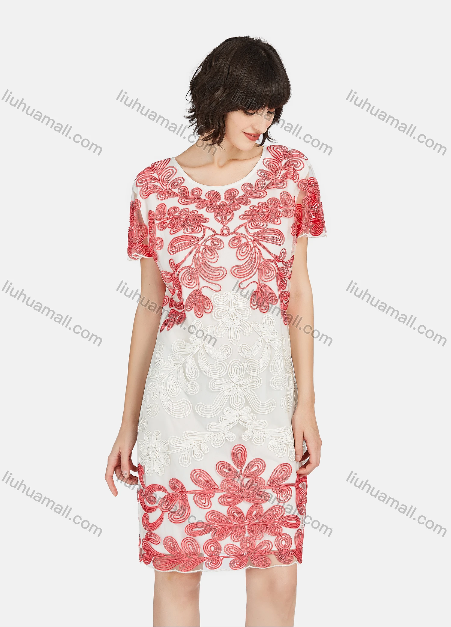Wholesale Women's Elegant Short Sleeve Embroidered Lace Knee Length Dress - Liuhuamall