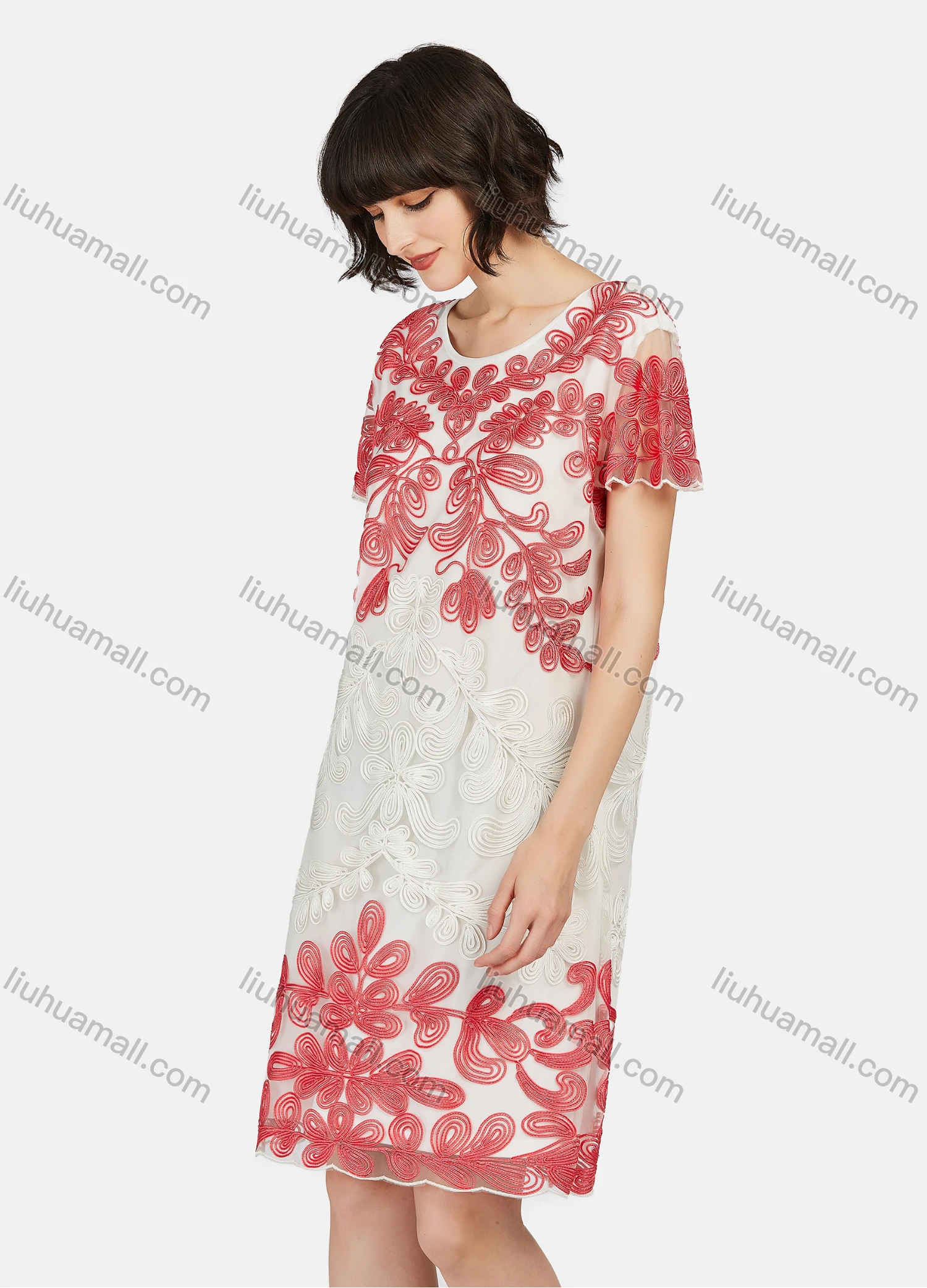 Wholesale Women's Elegant Short Sleeve Embroidered Lace Knee Length Dress - Liuhuamall