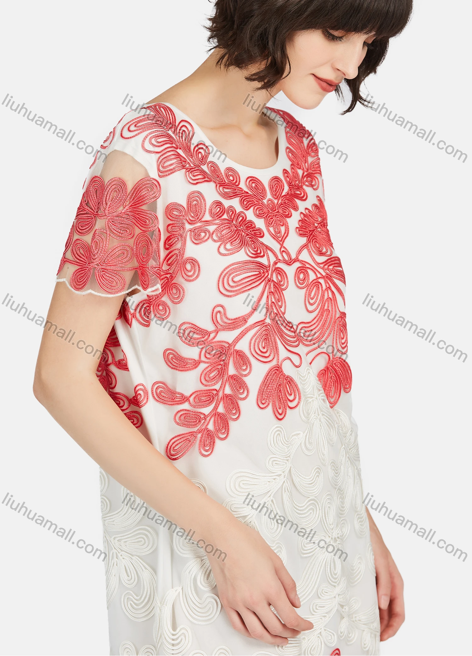 Wholesale Women's Elegant Short Sleeve Embroidered Lace Knee Length Dress - Liuhuamall