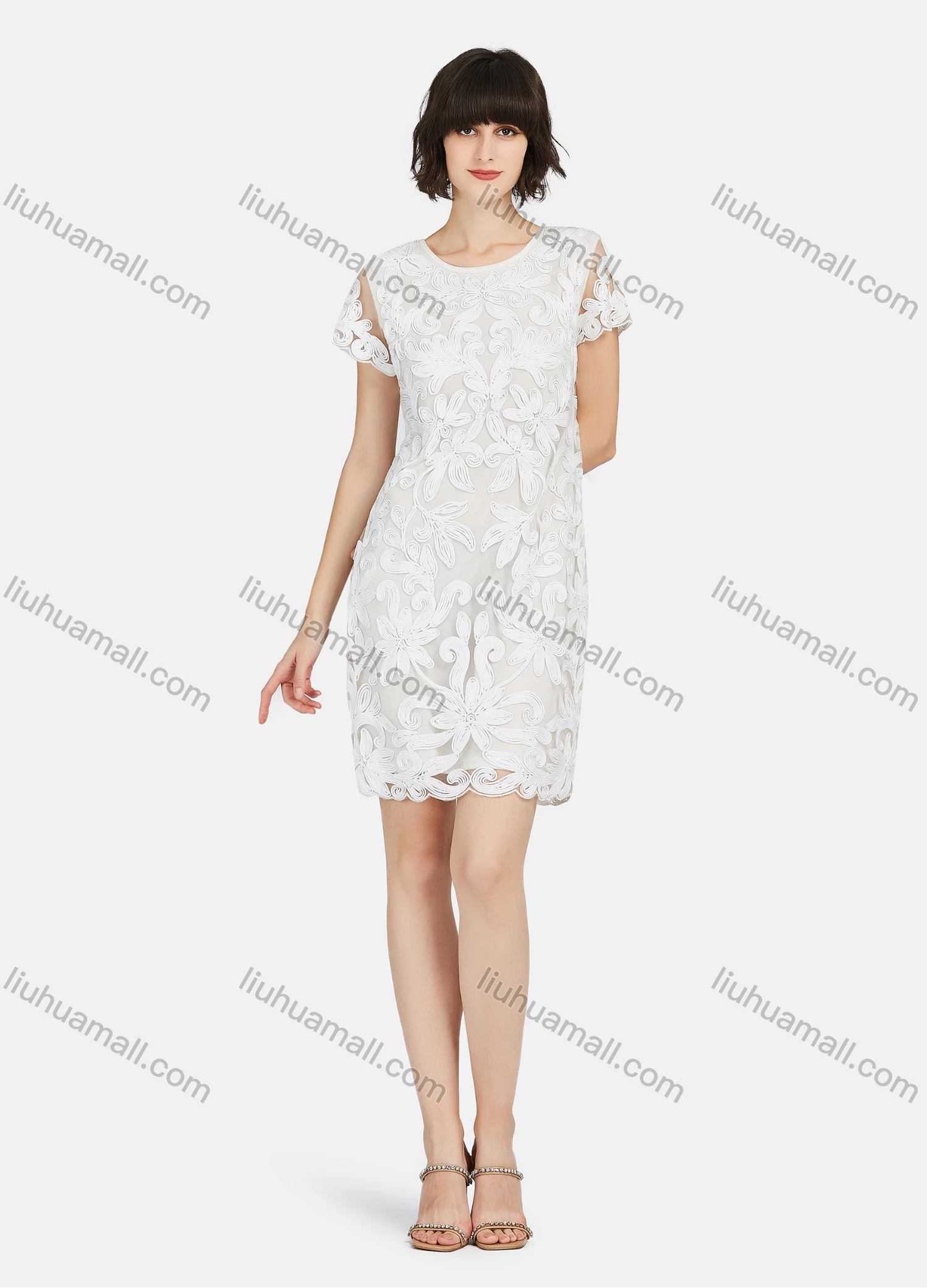 Wholesale Women's Elegant Short Sleeve Embroidery Lace Short Dress - Liuhuamall