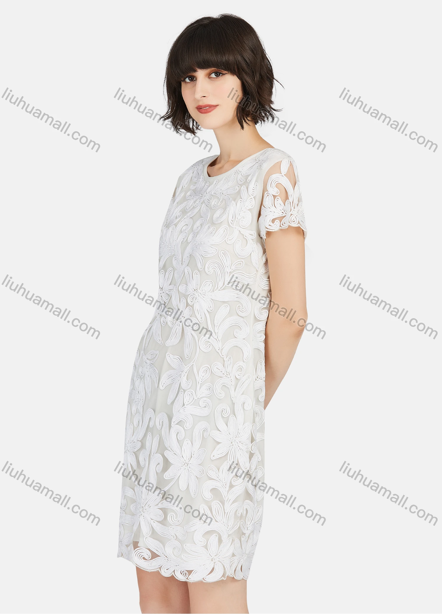 Wholesale Women's Elegant Short Sleeve Embroidery Lace Short Dress - Liuhuamall