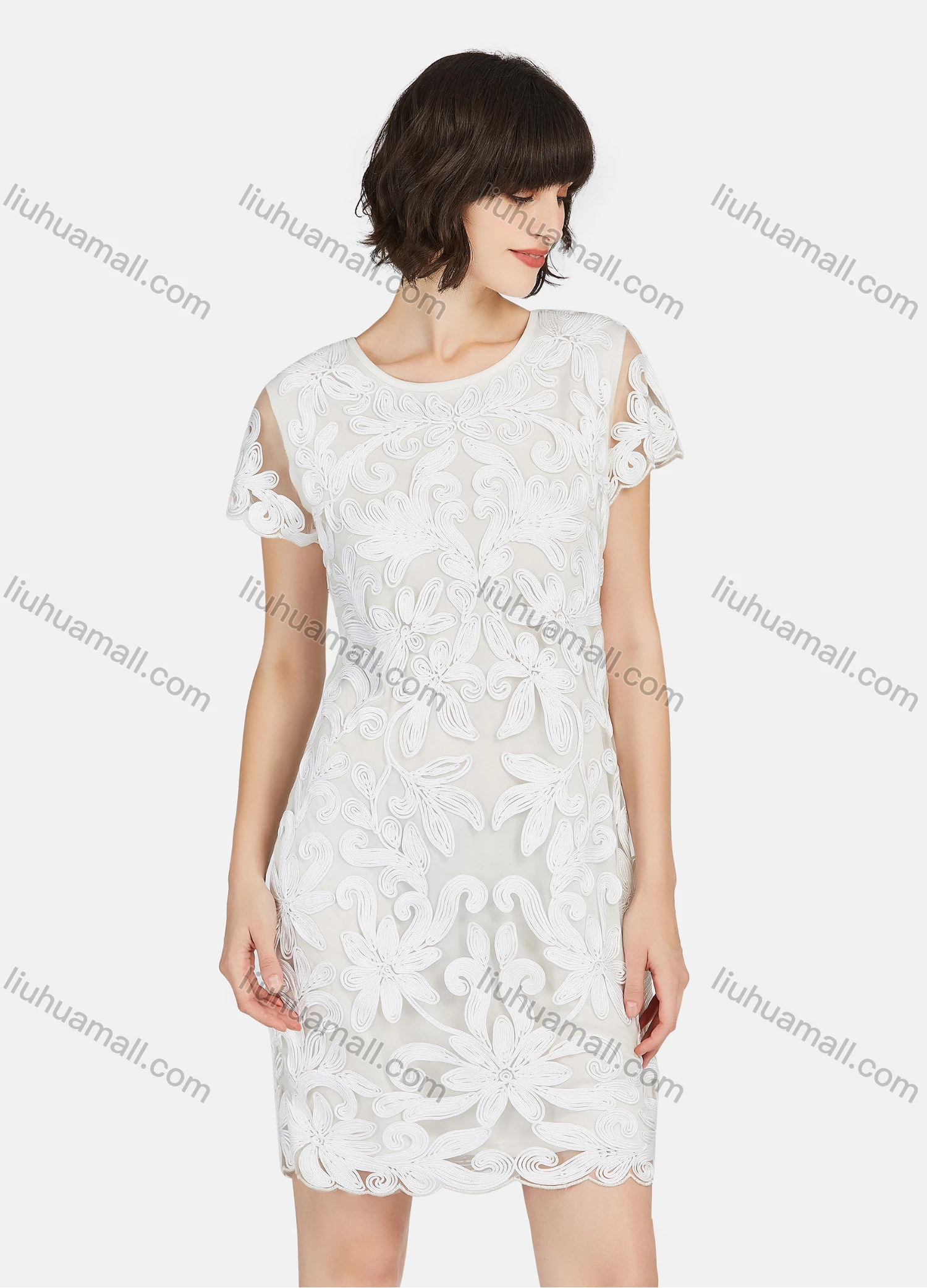 Wholesale Women's Elegant Short Sleeve Embroidery Lace Short Dress - Liuhuamall
