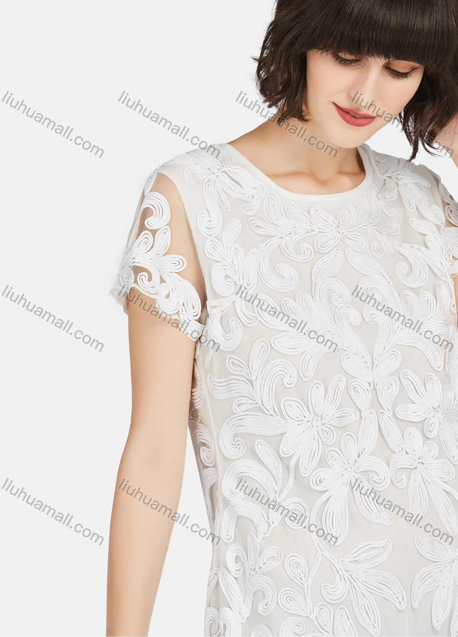 Wholesale Women's Elegant Short Sleeve Embroidery Lace Short Dress - Liuhuamall