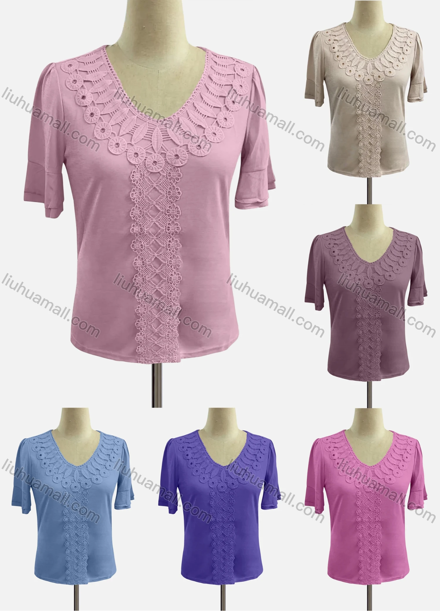 Wholesale Women's Casual Scoop Neck Tiered Sleeve Appliques Blouse - Liuhuamall