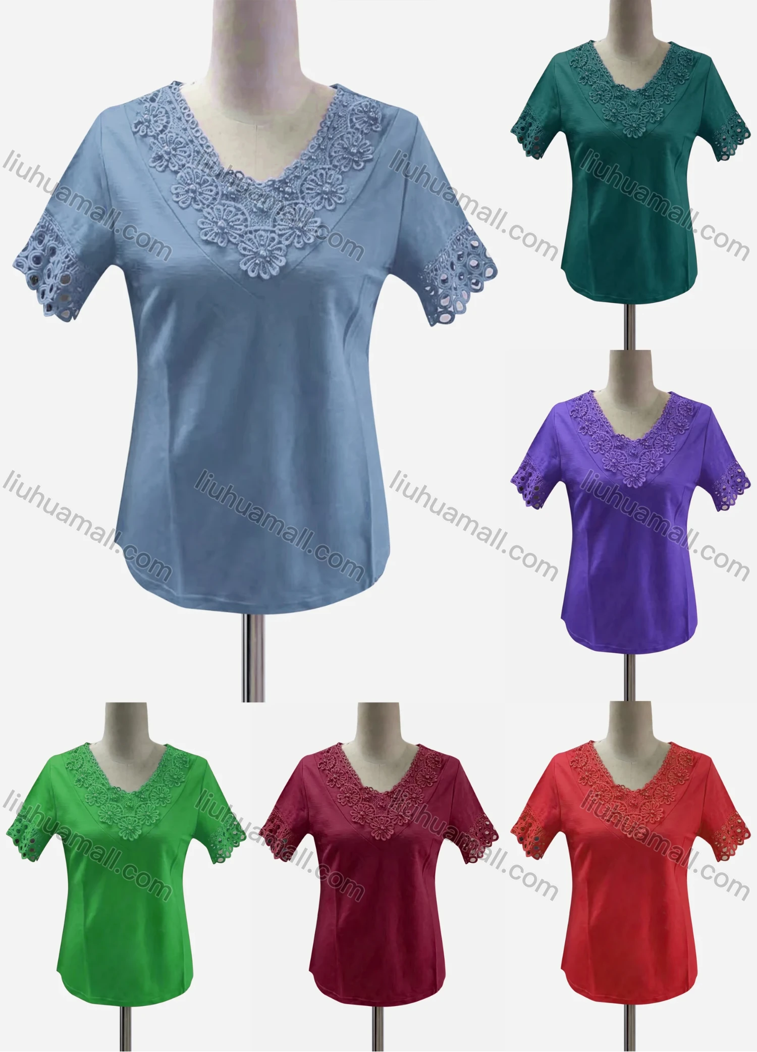 Wholesale Women's Casual Scoop Neck Short Sleeve Appliques Blouse - Liuhuamall
