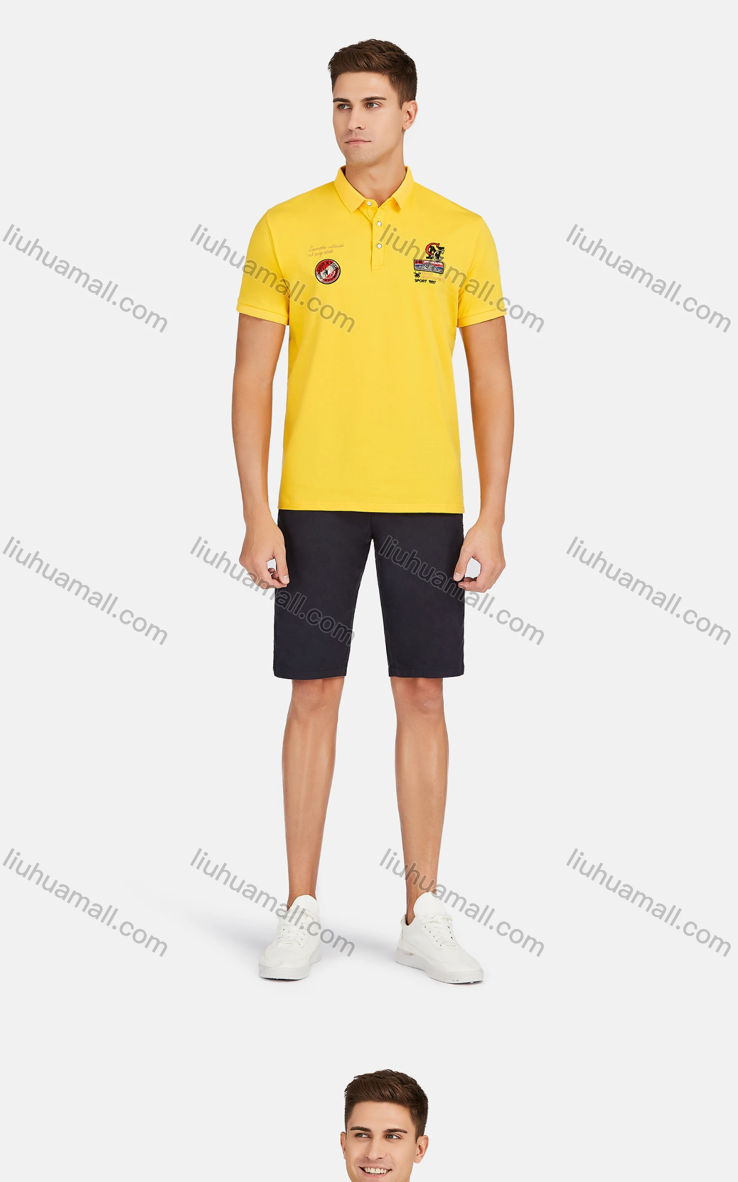 Wholesale Men's Casual Short Sleeve Patches Embroidery Letter Print Button Front Polo Shirts - Liuhuamall