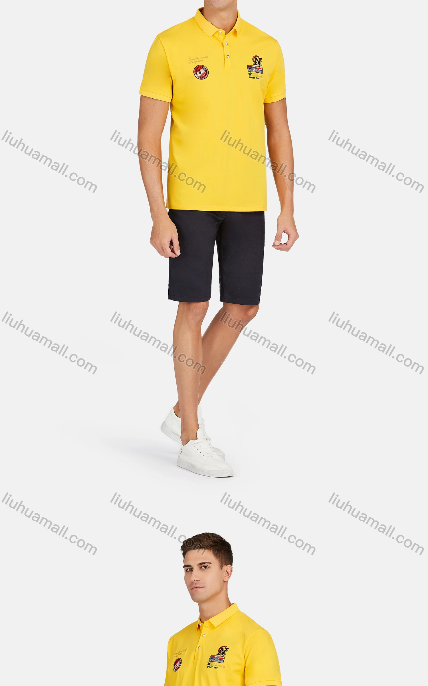 Wholesale Men's Casual Short Sleeve Patches Embroidery Letter Print Button Front Polo Shirts - Liuhuamall